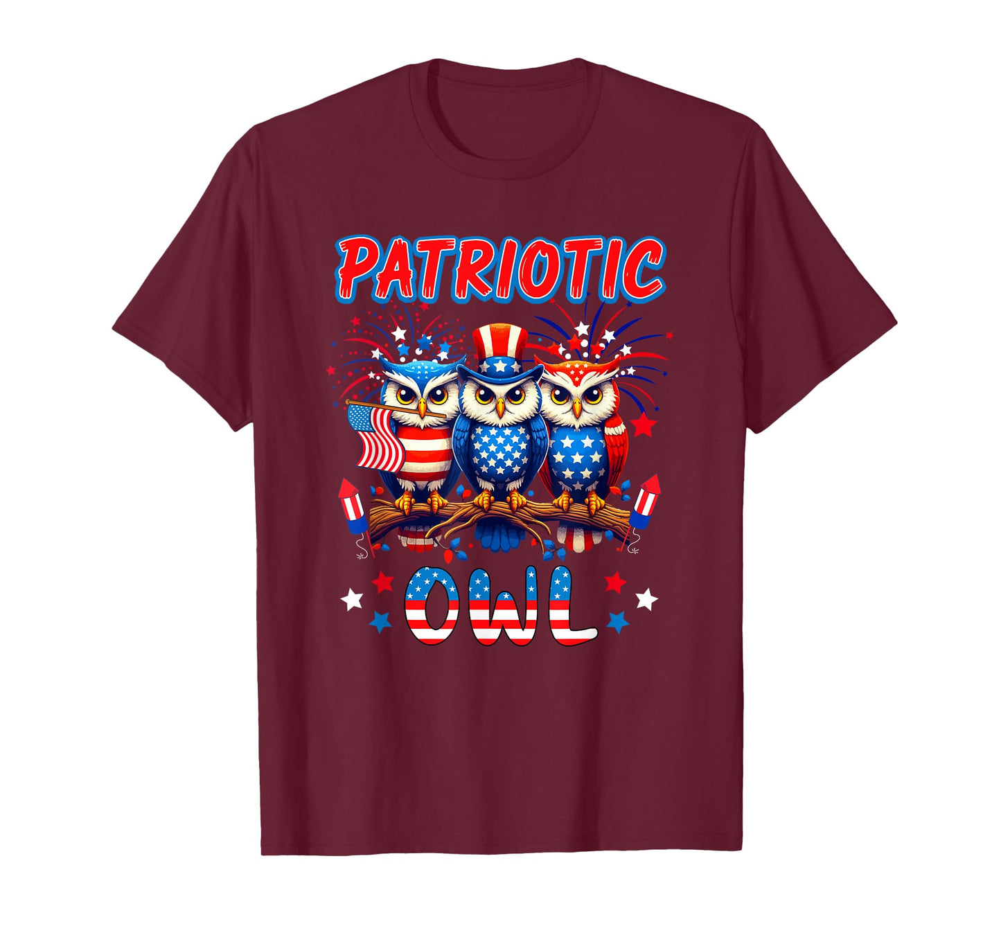 Patriotic Owl Three Cute Birds 4th Of July US Flag T-Shirt