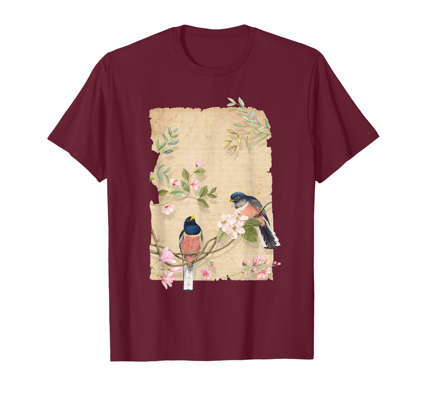 Bird and Flowers Art Japanese Woodblock Inspired Birds T-Shirt