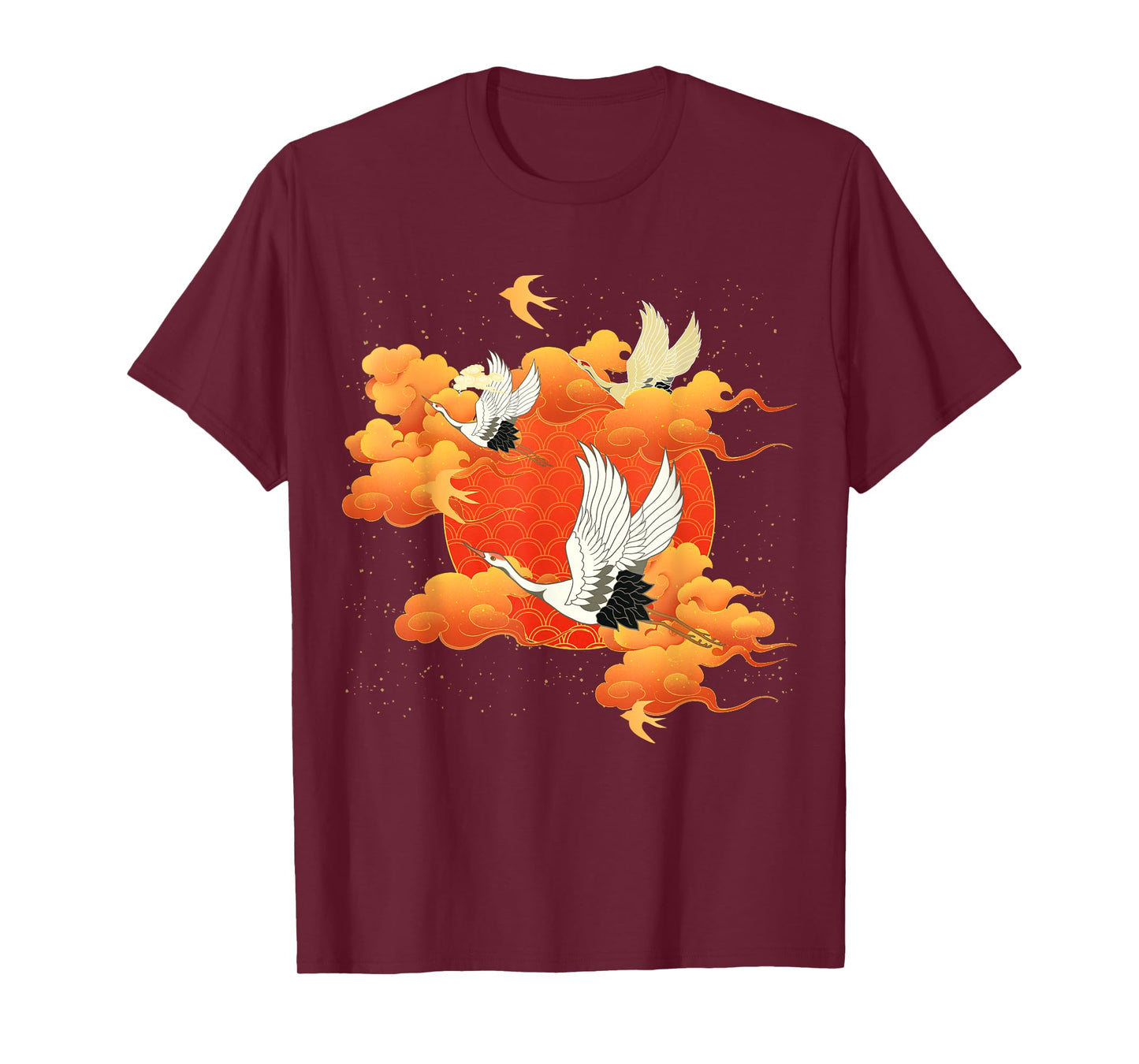 Flying Crane Bird Red Clouds and Sun Japanese Chinese Art T-Shirt