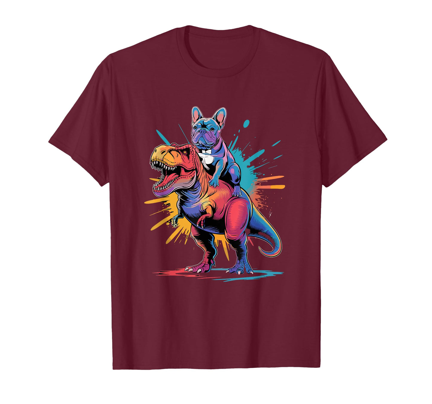 French Bulldog Riding Dinosaur Art Fun T-Shirt