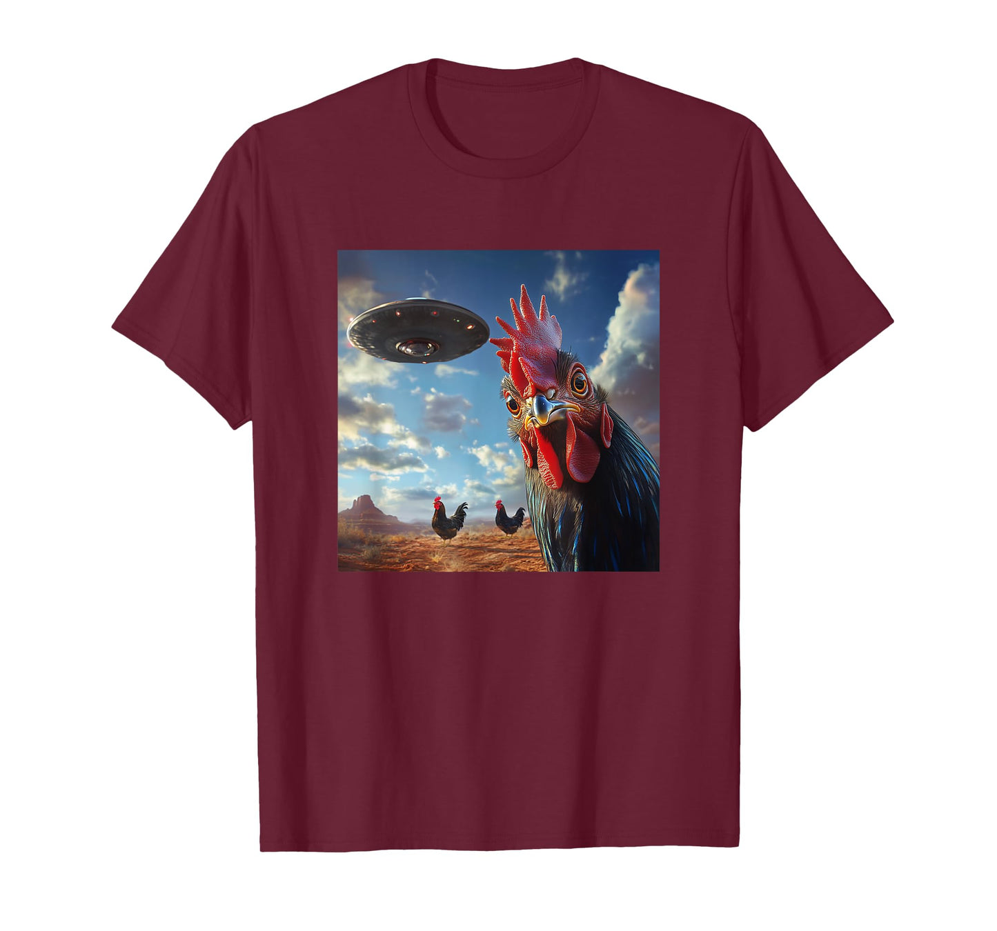 Chicken Hum Selfie with UFOs Weird Print Graphic Space Funny T-Shirt