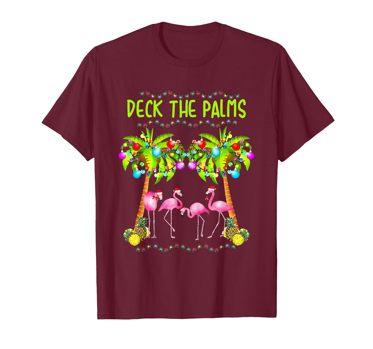 Deck The Palms Merry Flamingo Christmas Palm Tree Funny Xmas T-Shirt