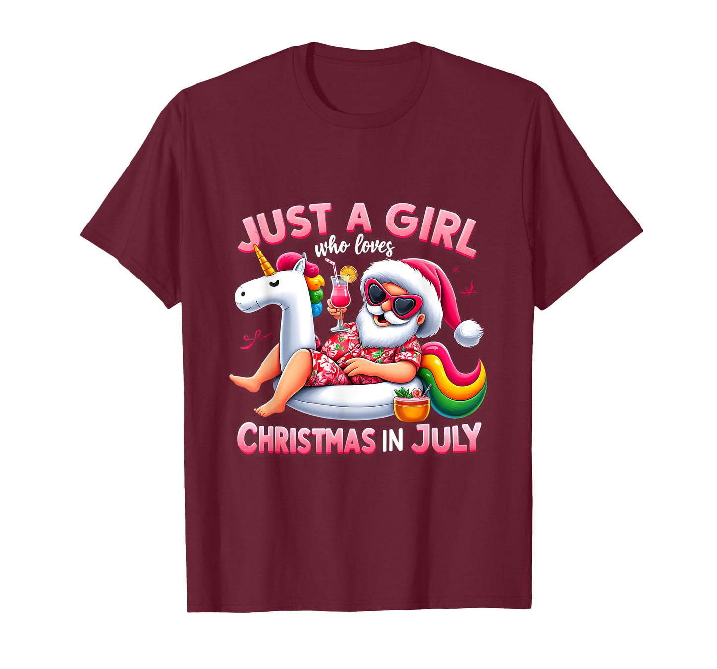 Just A Girl Who Loves Christmas in July Funny Santa Unicorn T-Shirt