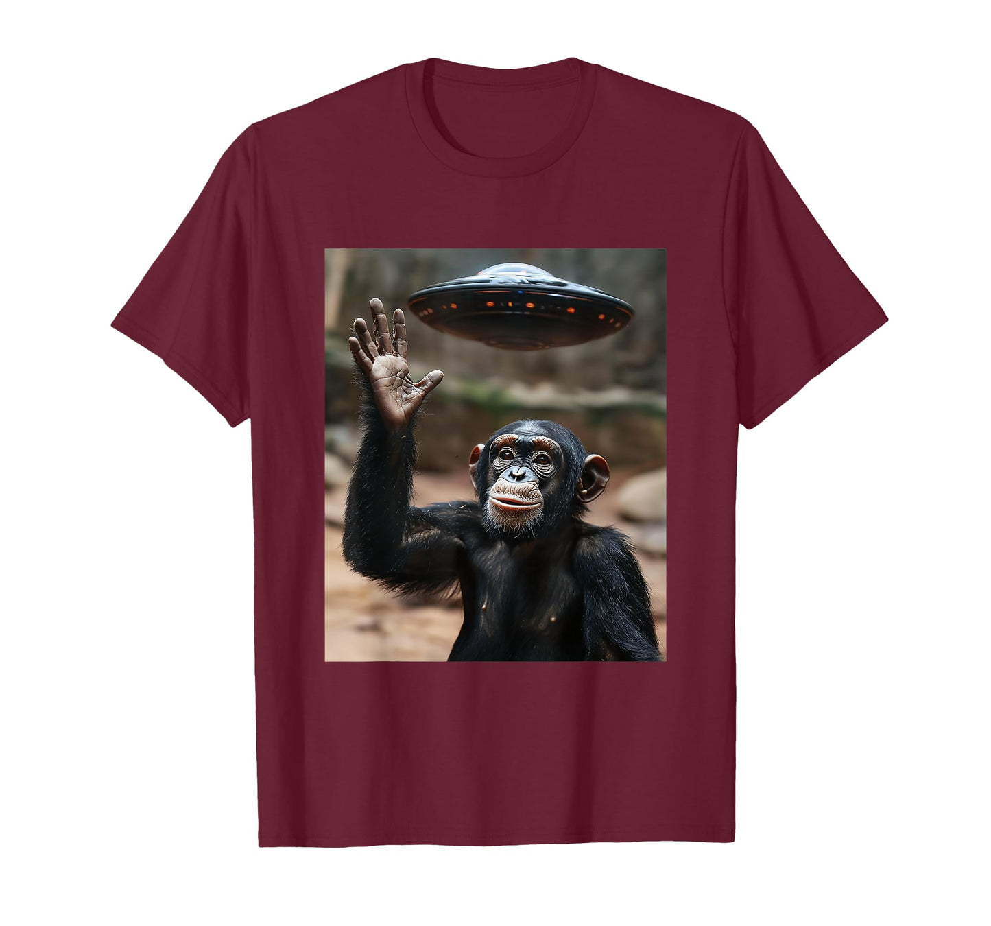 Chimpanzee Monkey Selfie with UFOs Aliens Funny Graphic T-Shirt