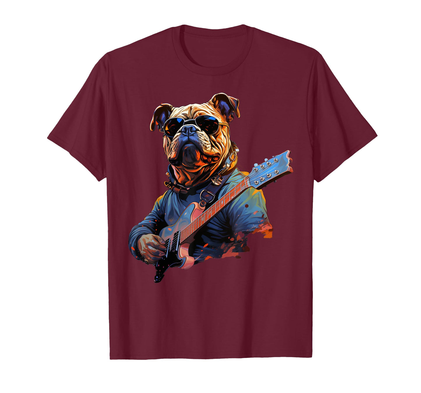 Funny Rock English Bulldog Playing Guitar T-Shirt
