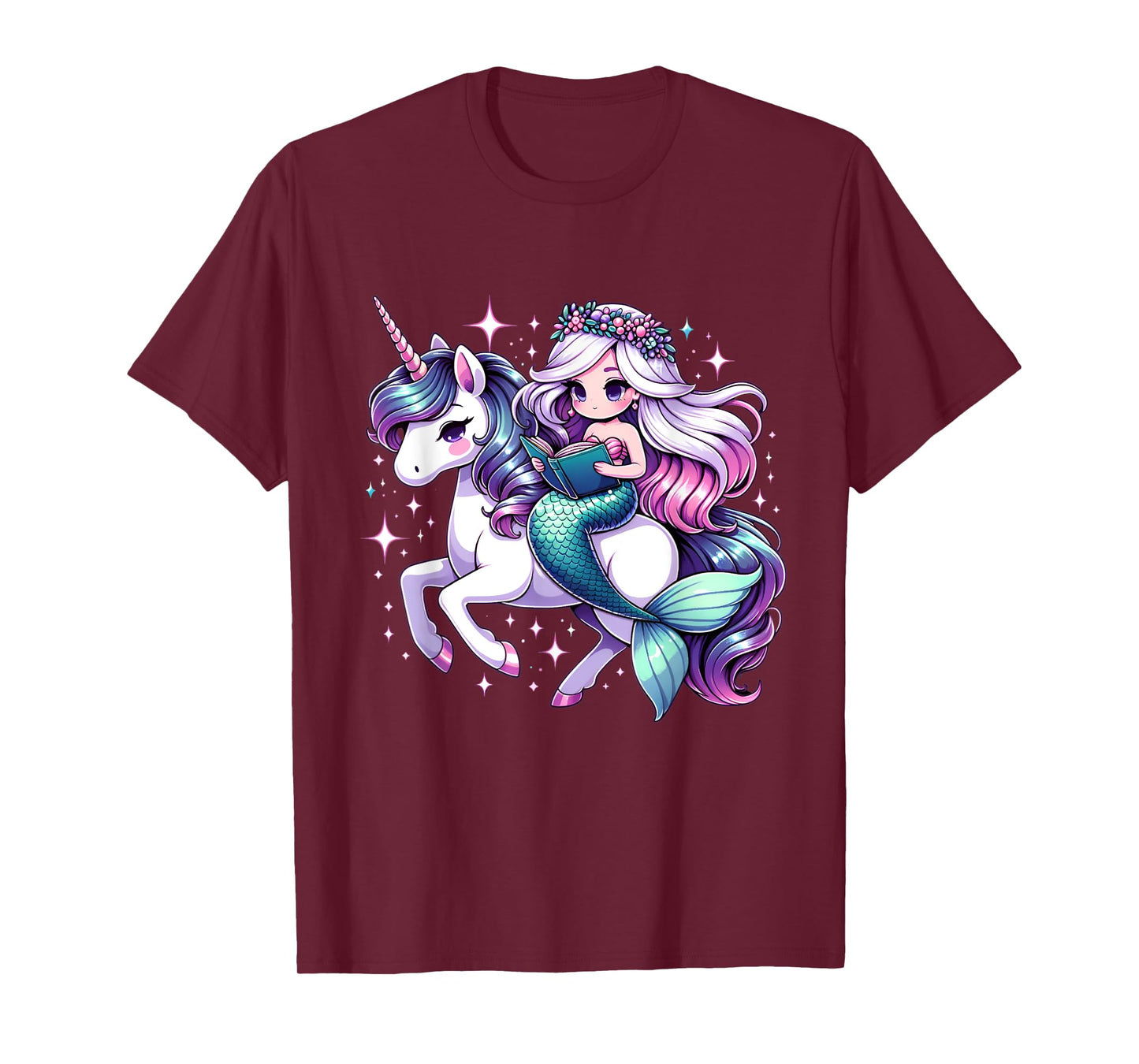 Unicorn kisses Mermaid wishes | reading books Birthday Girl T-Shirt