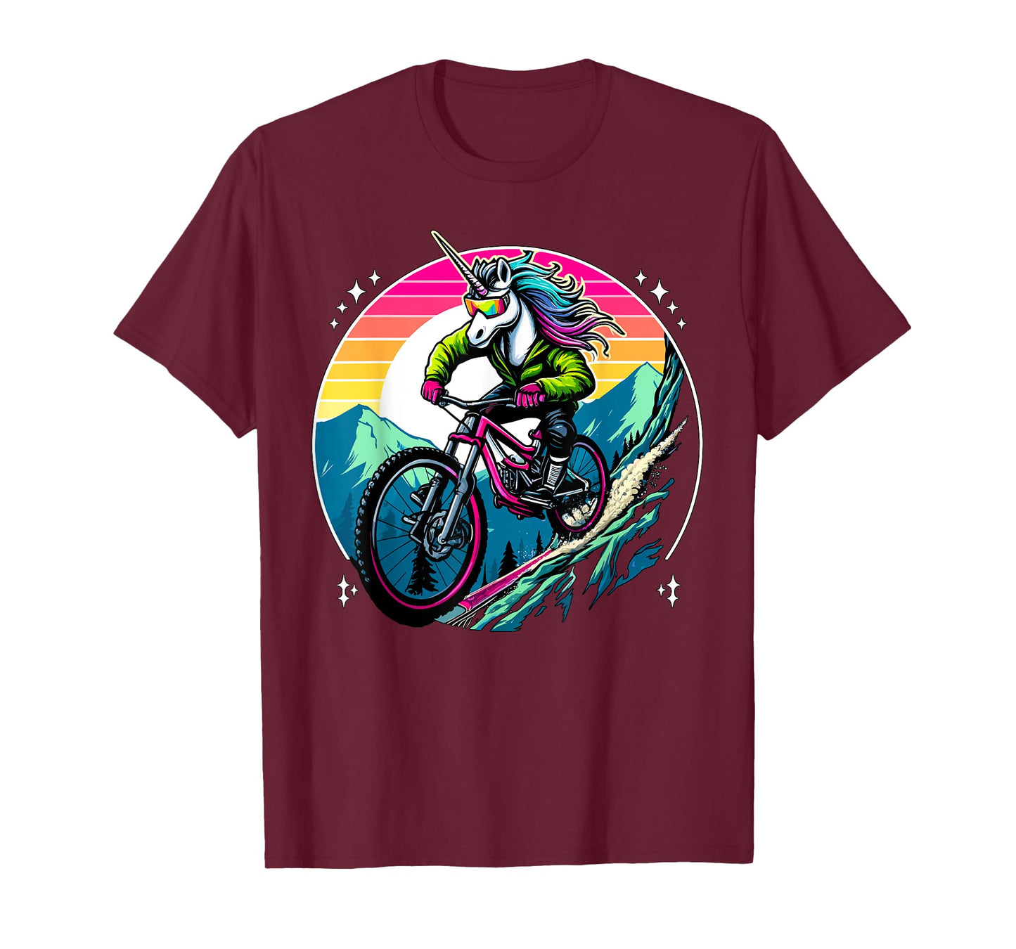 Unicorn Mountain Bike Adventure Fantasy Colorful Sunset T-Shirt