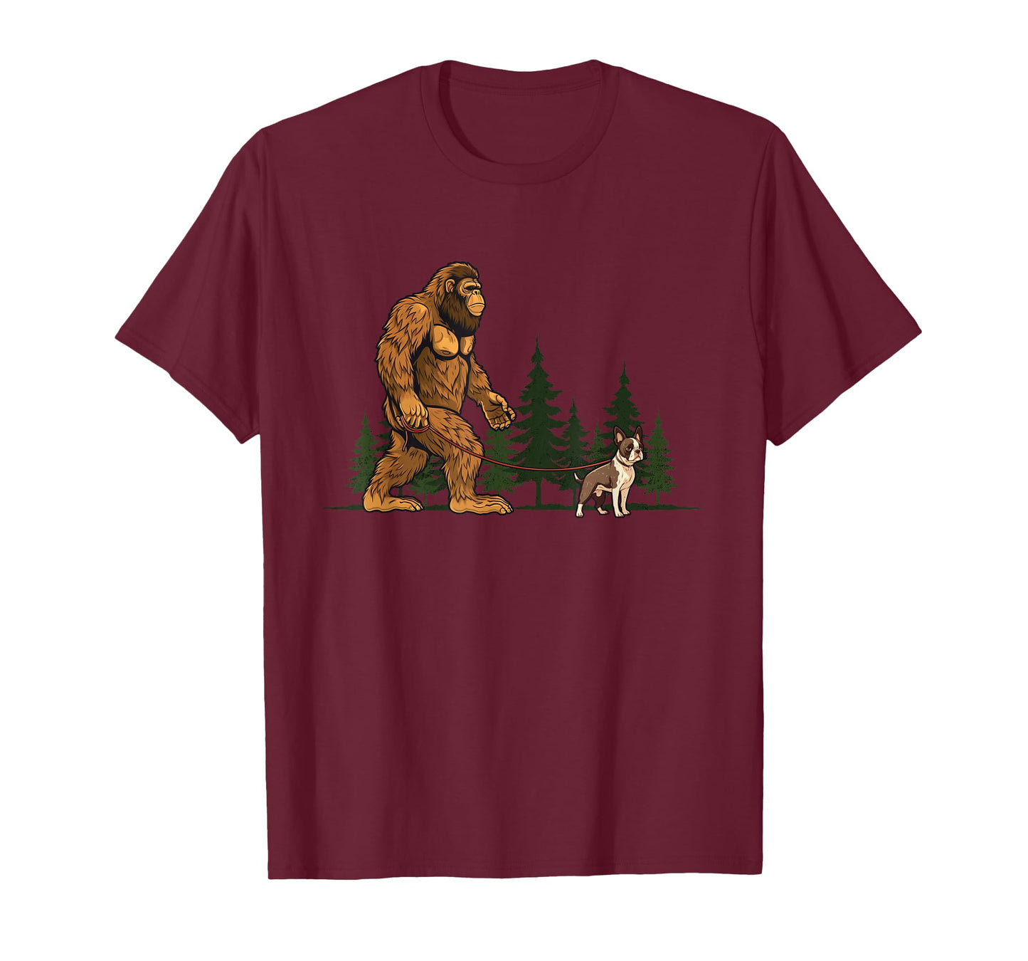 Funny Boston Terrier Bigfoot Dog Walking Dog Mom Dad Kids T-Shirt