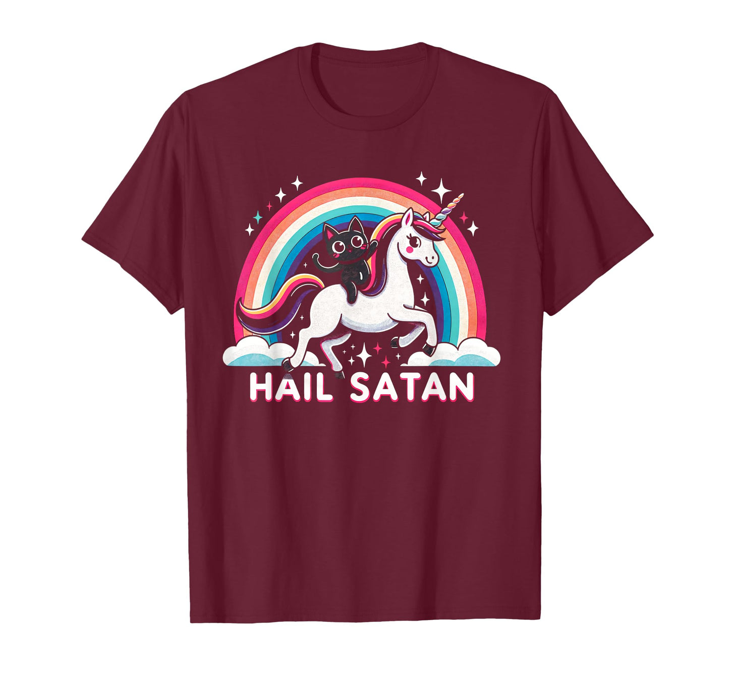 Cute Satanic Cat Riding A Unicorn Over A Rainbow Hail Satan Men Women Kids T-Shirt