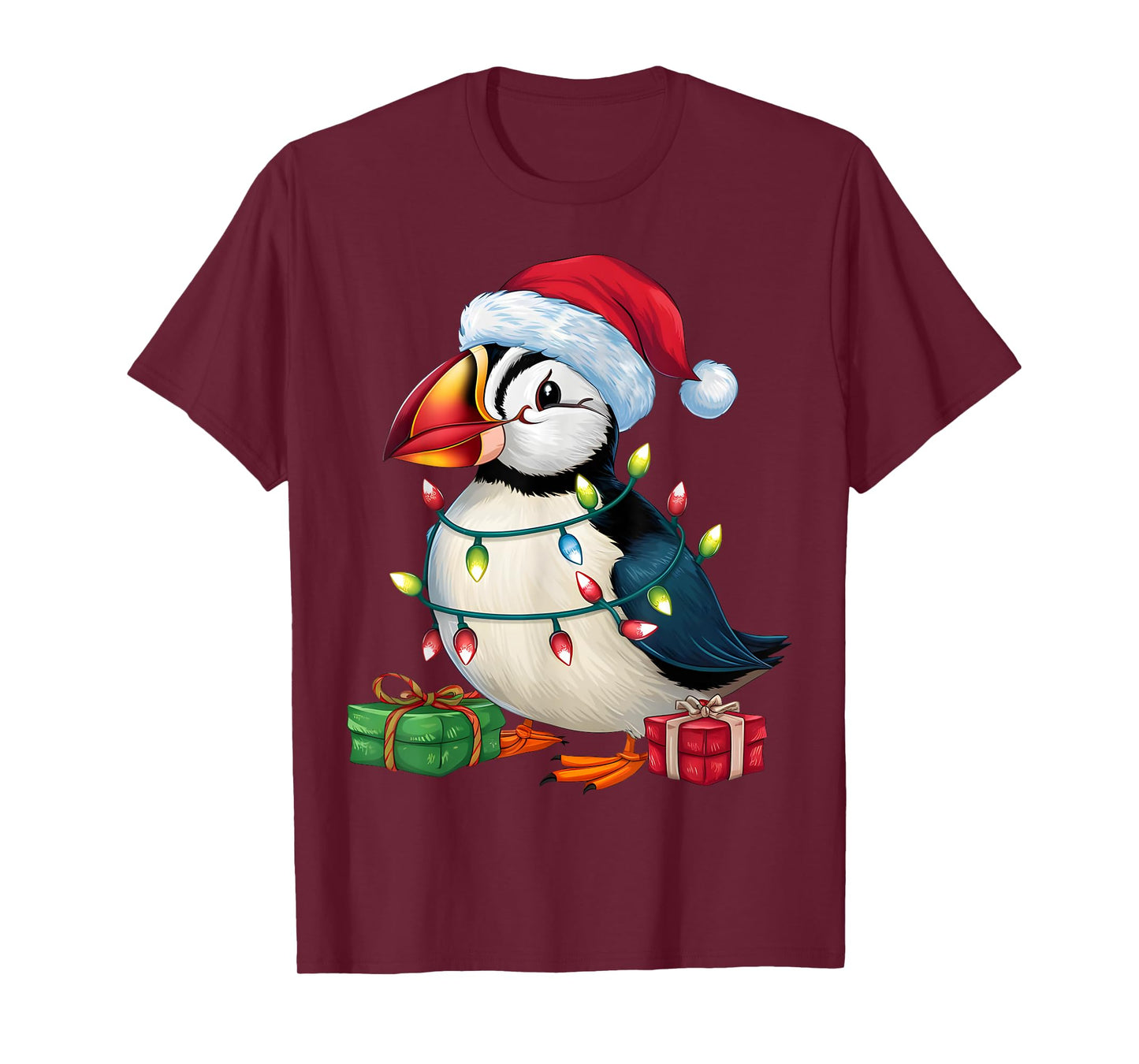Puffin Bird Lover Xmas Lighting Santa Hat Puffin Christmas T-Shirt