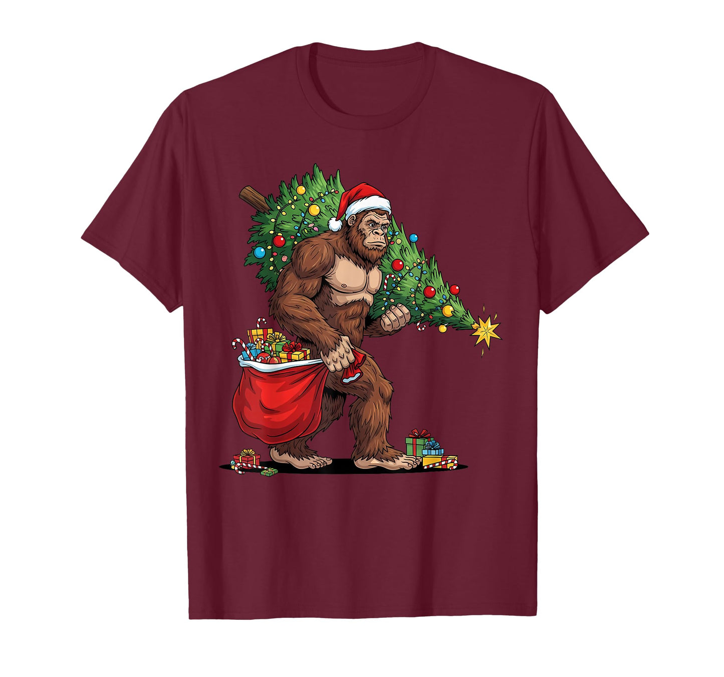 Christmas Bigfoot with Christmas Tree Lights Xmas Boys Men T-Shirt