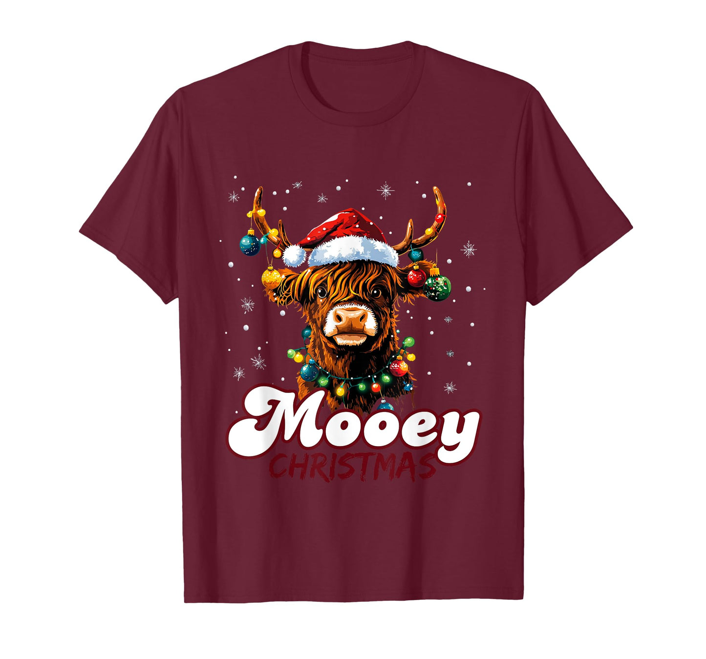 Mooey Christmas Highland Cow with Santa Hat and Xmas Lights T-Shirt