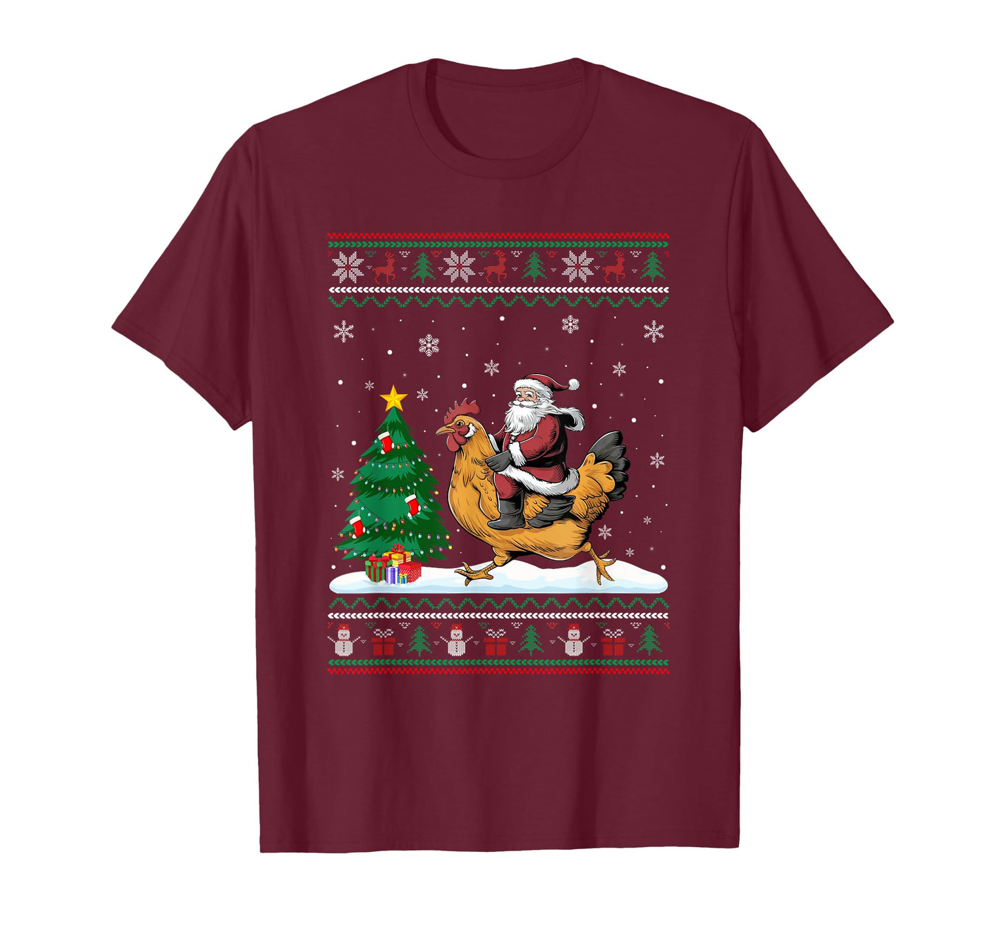 Ugly Christmas Tree Lights Xmas Santa Riding Chicken T-Shirt