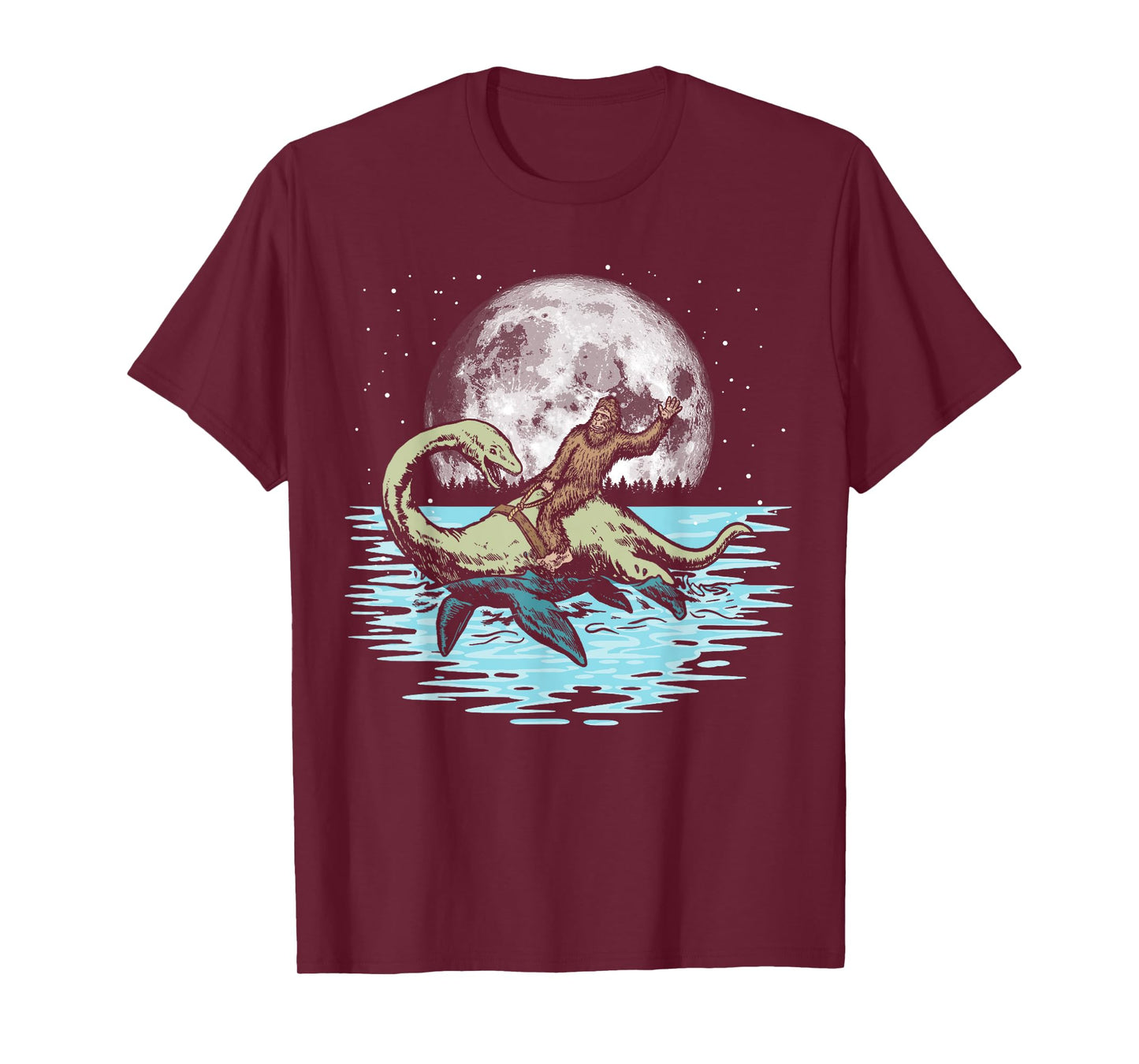 Funny Bigfoot Riding Nessie Loch Ness Monster & Full Moon T-Shirt
