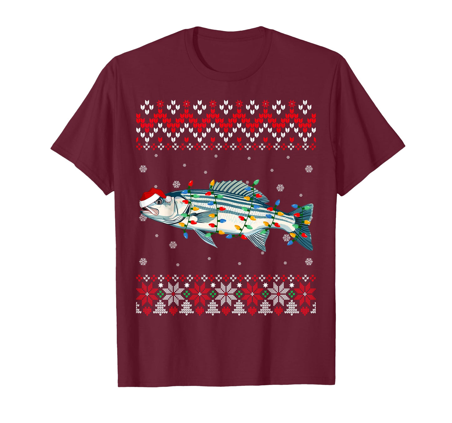 Striped Bass Fish Santa Hat Women Kids Ugly Christmas Light T-Shirt