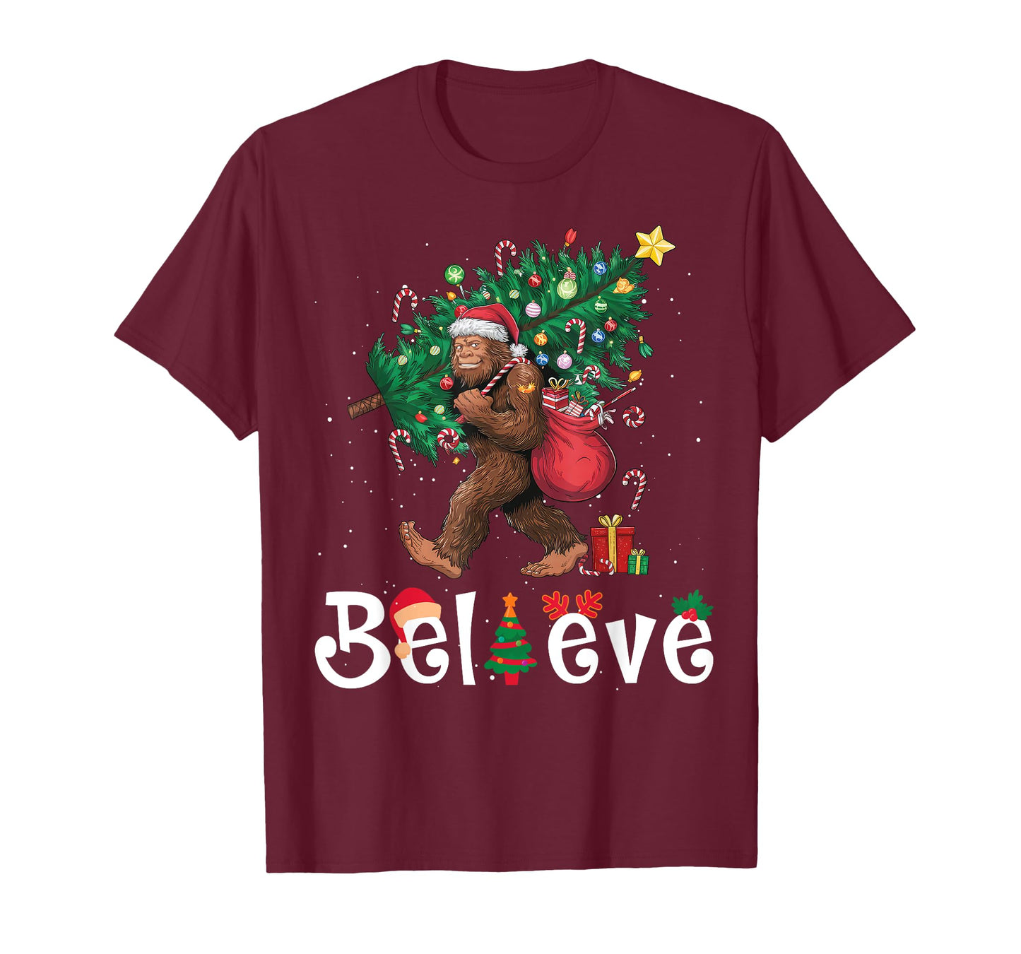 Santa Bigfoot Christmas Tree Lights Sasquatch Believe Xmas T-Shirt