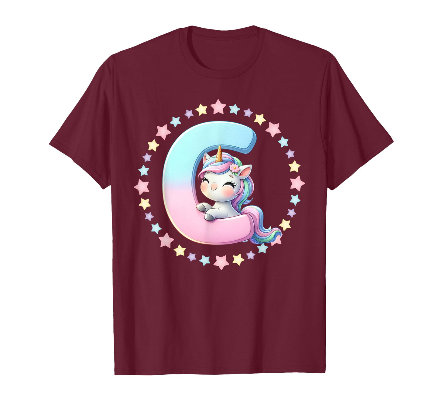 Unicorn Letter C Initial Rainbow Monogram Girls Kids T-Shirt