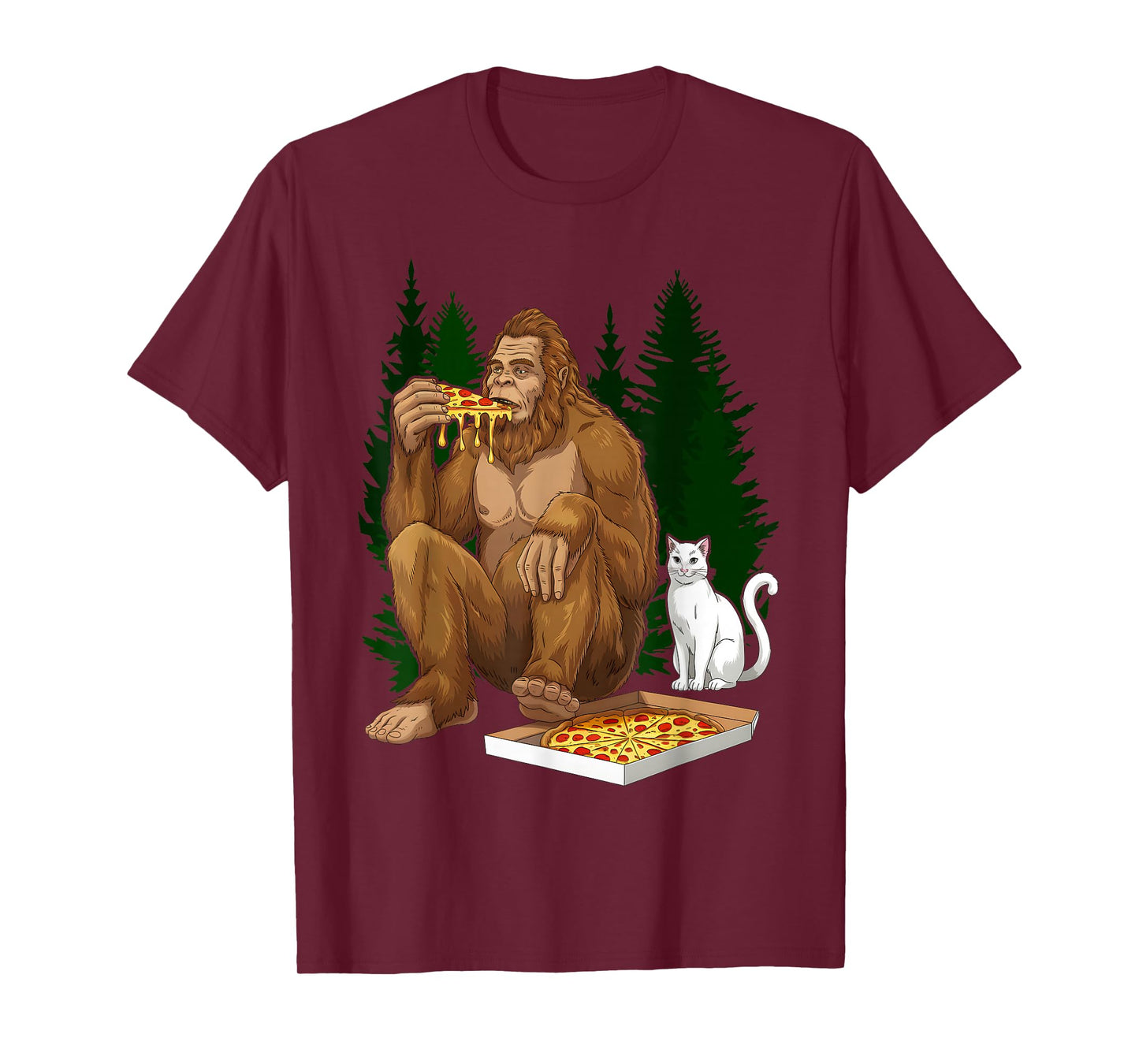 Funny Bigfoot Sasquatch Pet Cat Eating Pizza Adventures T-Shirt