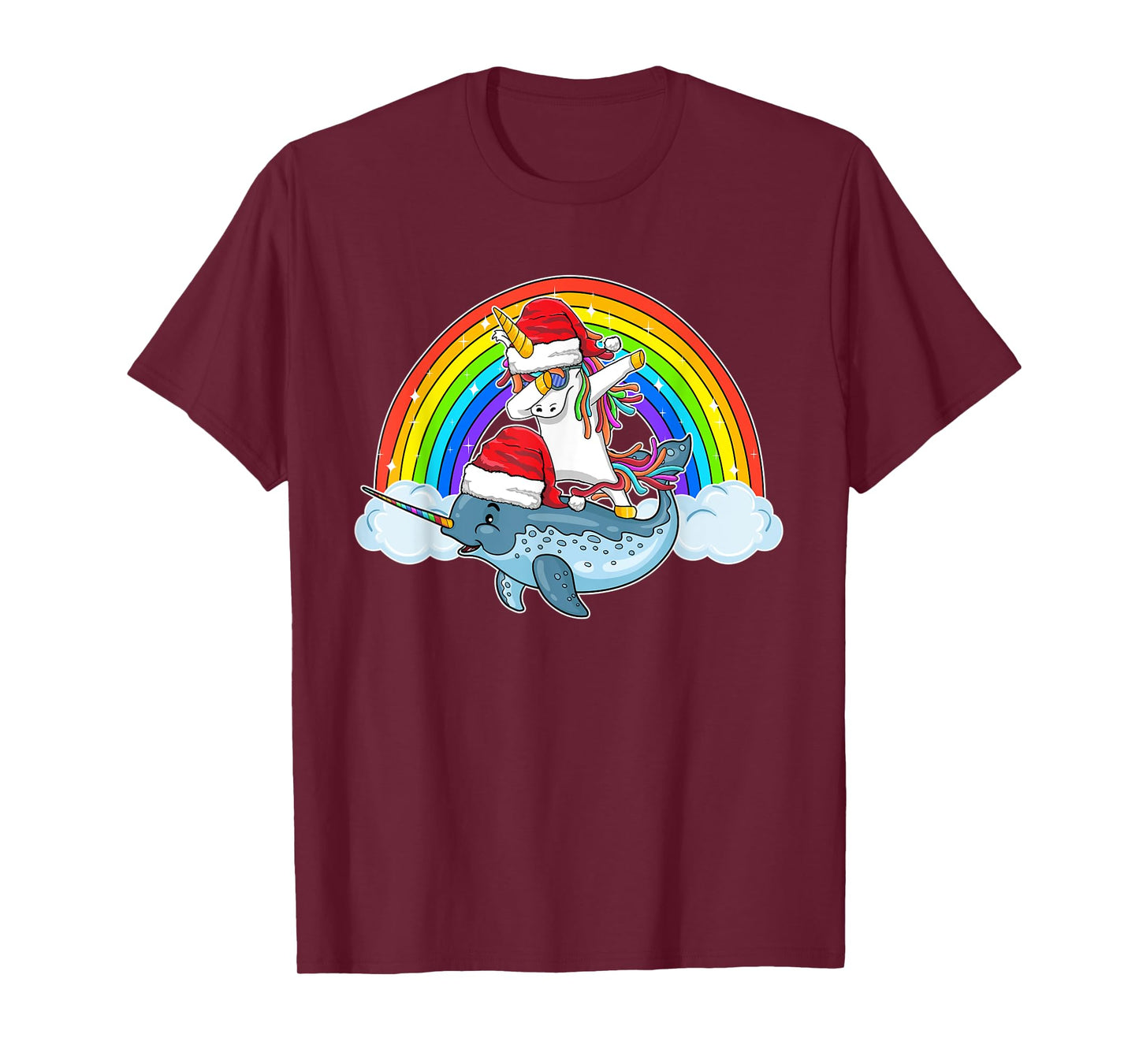 Dabbing Unicorn Riding Narwhal With Santa Hat Christmas T-Shirt