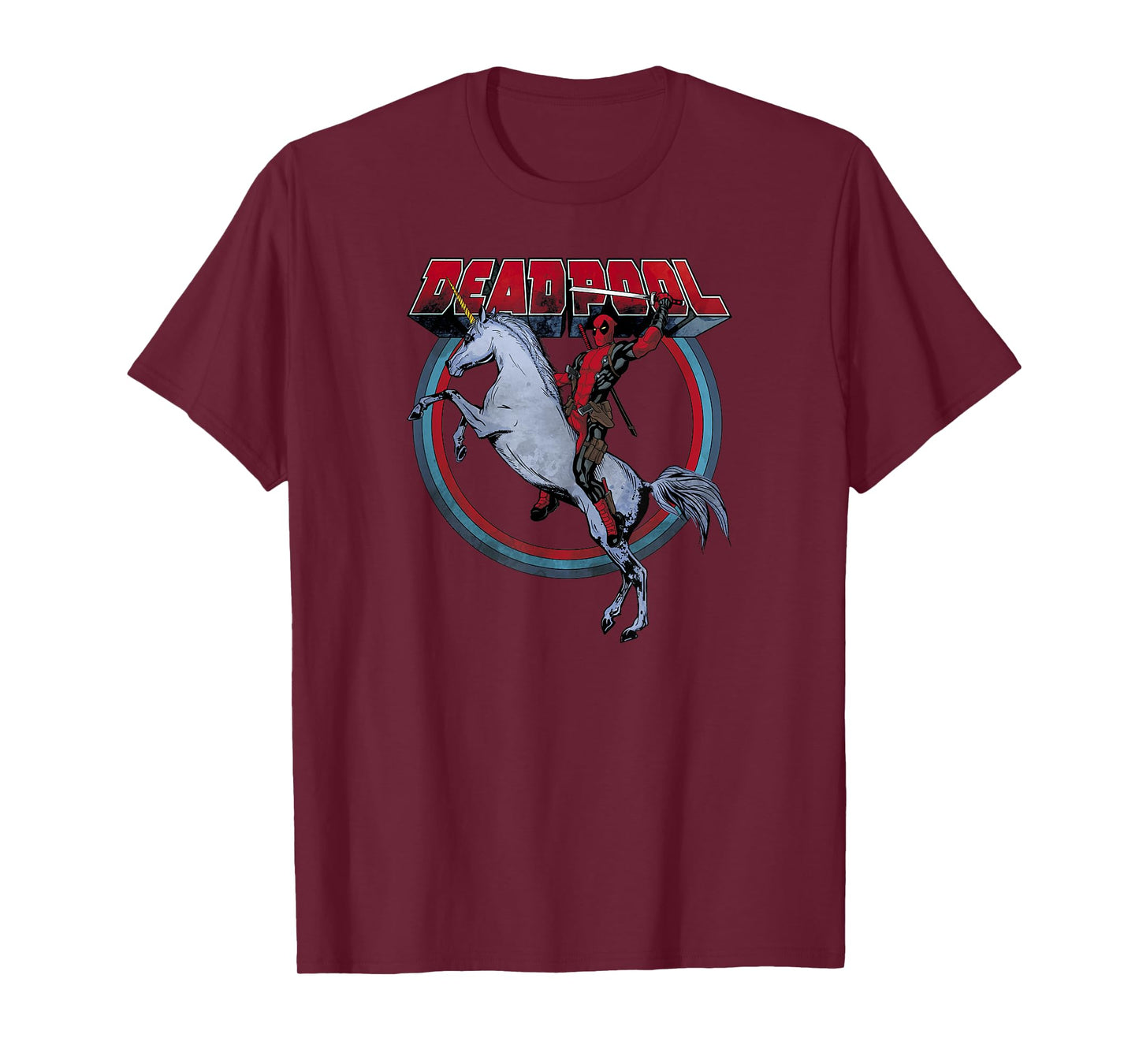 Marvel Deadpool Riding A Unicorn Circle Graphic T-Shirt C1 T-Shirt
