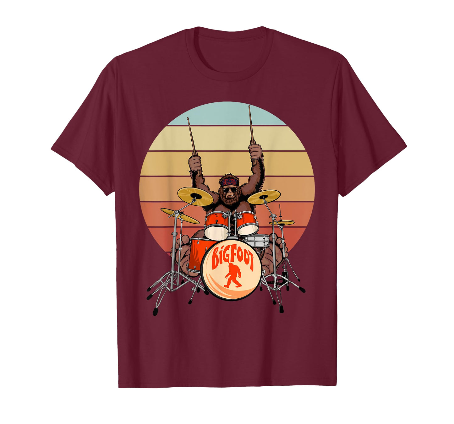 Retro Vintage Bigfoot Drummer Funny Sasquatch Playing Drums T-Shirt