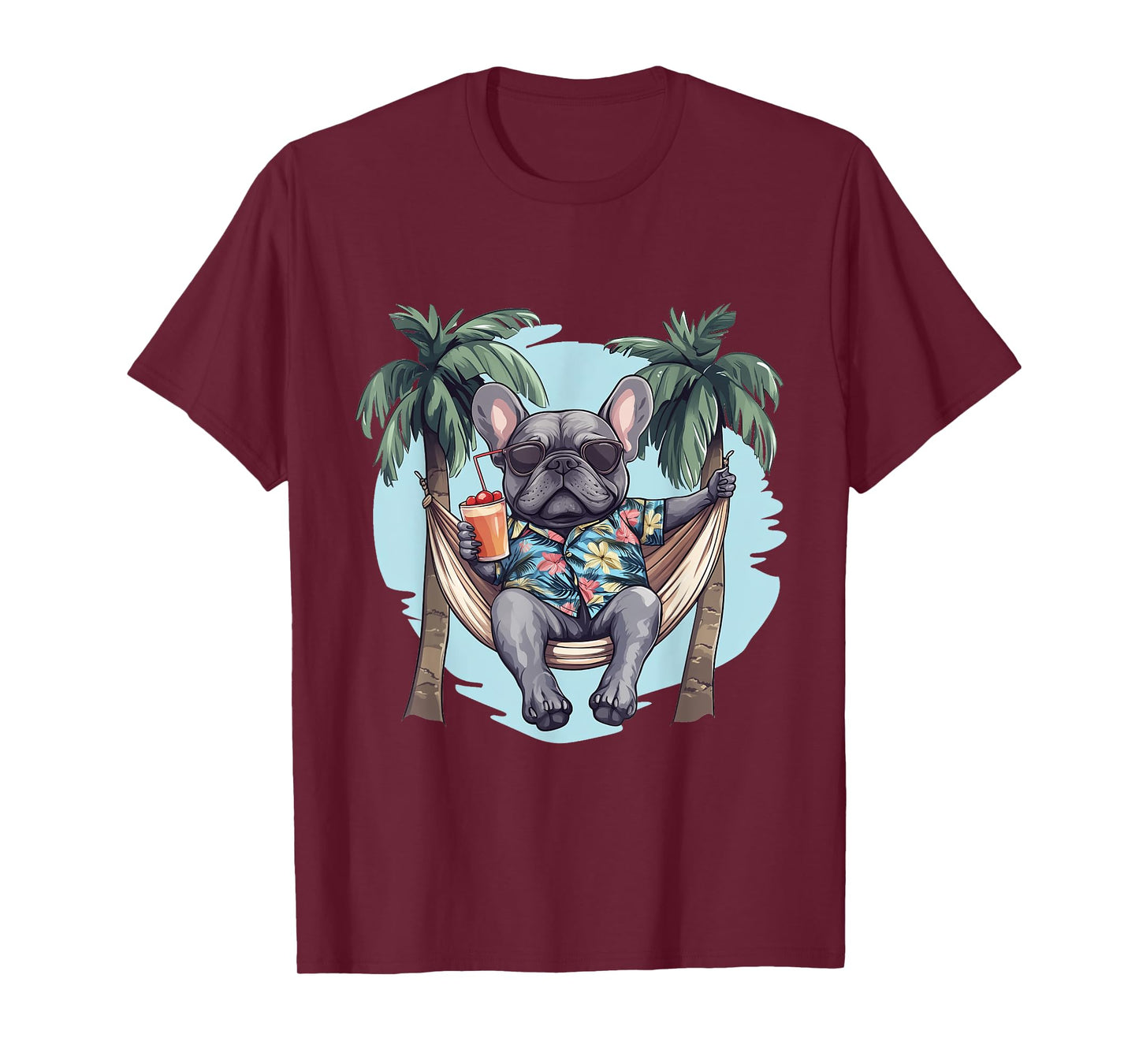 Cool Hawaiian French Bulldog Hammock Palm Trees Beach Vibes Men Women Kids T-Shirt