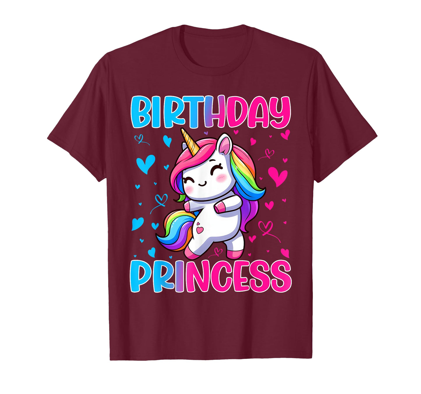 Happy Birthday Princess Unicorn Cute Rainbow Hearts Girls T-Shirt