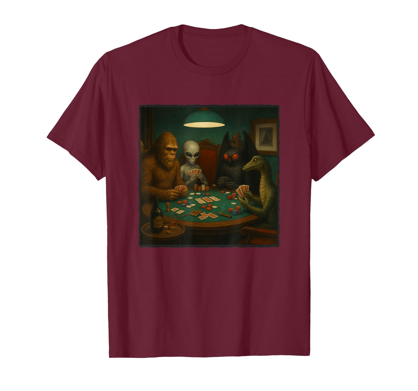 Cryptids Playing Poker Funny Alien Bigfoot Mothman Nessie T-Shirt