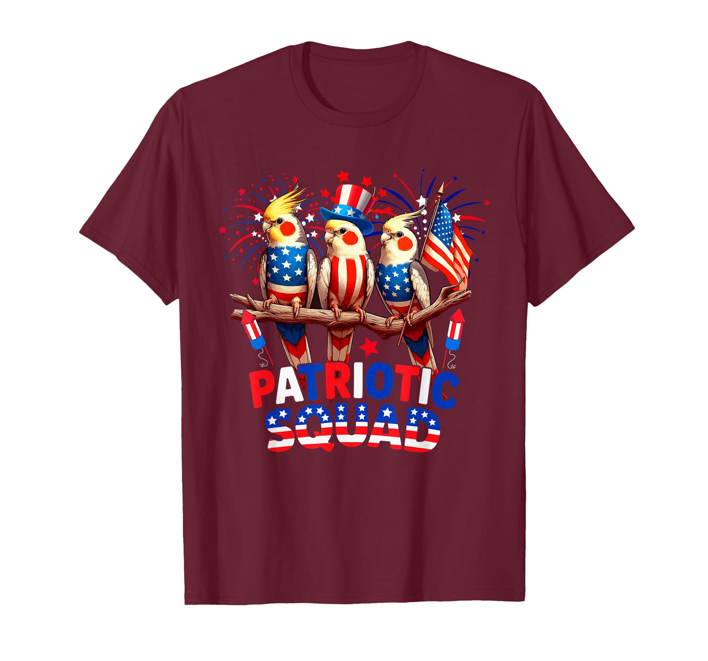 Patriotic Squad Three Cute Cockatiels 4th Of July US Flag T-Shirt
