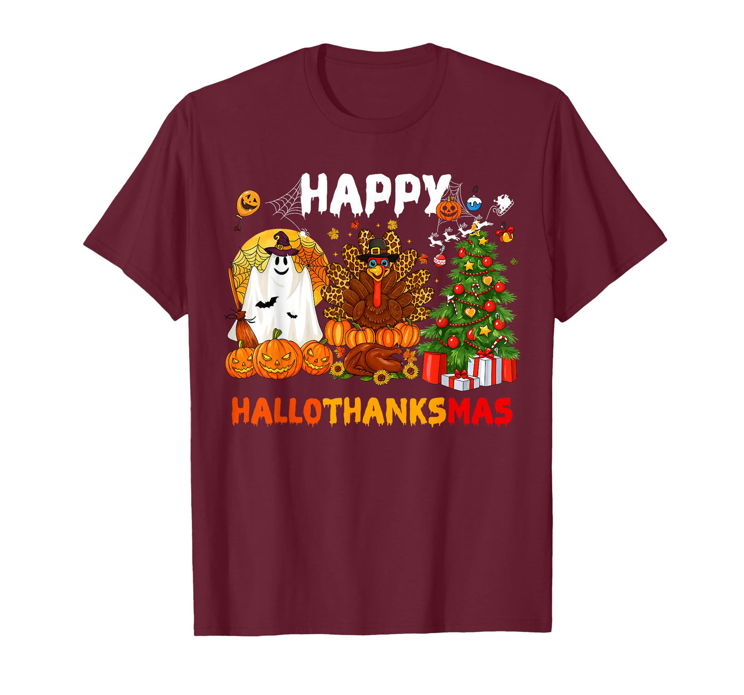 Retro Happy Hallothanksmas Halloween Thanksgiving Christmas T-Shirt