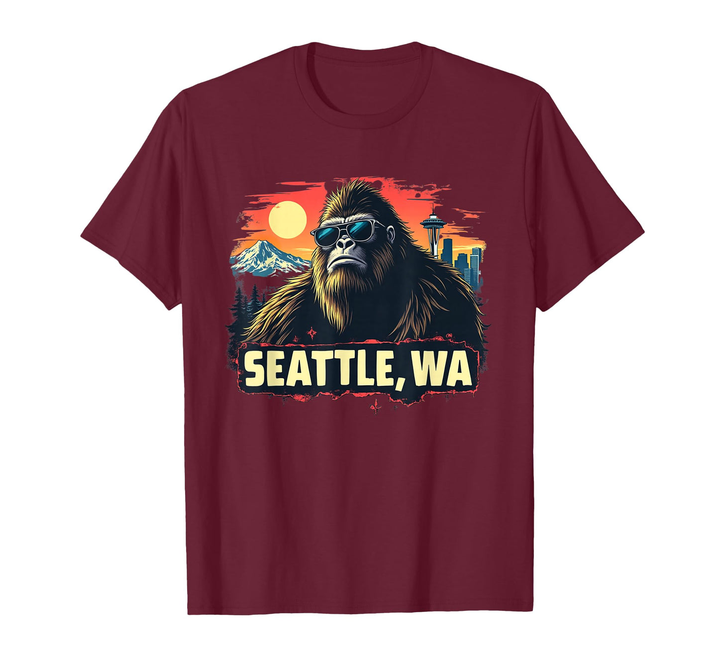 Seattle Cool Bigfoot with Downtown and Mountains T-Shirt