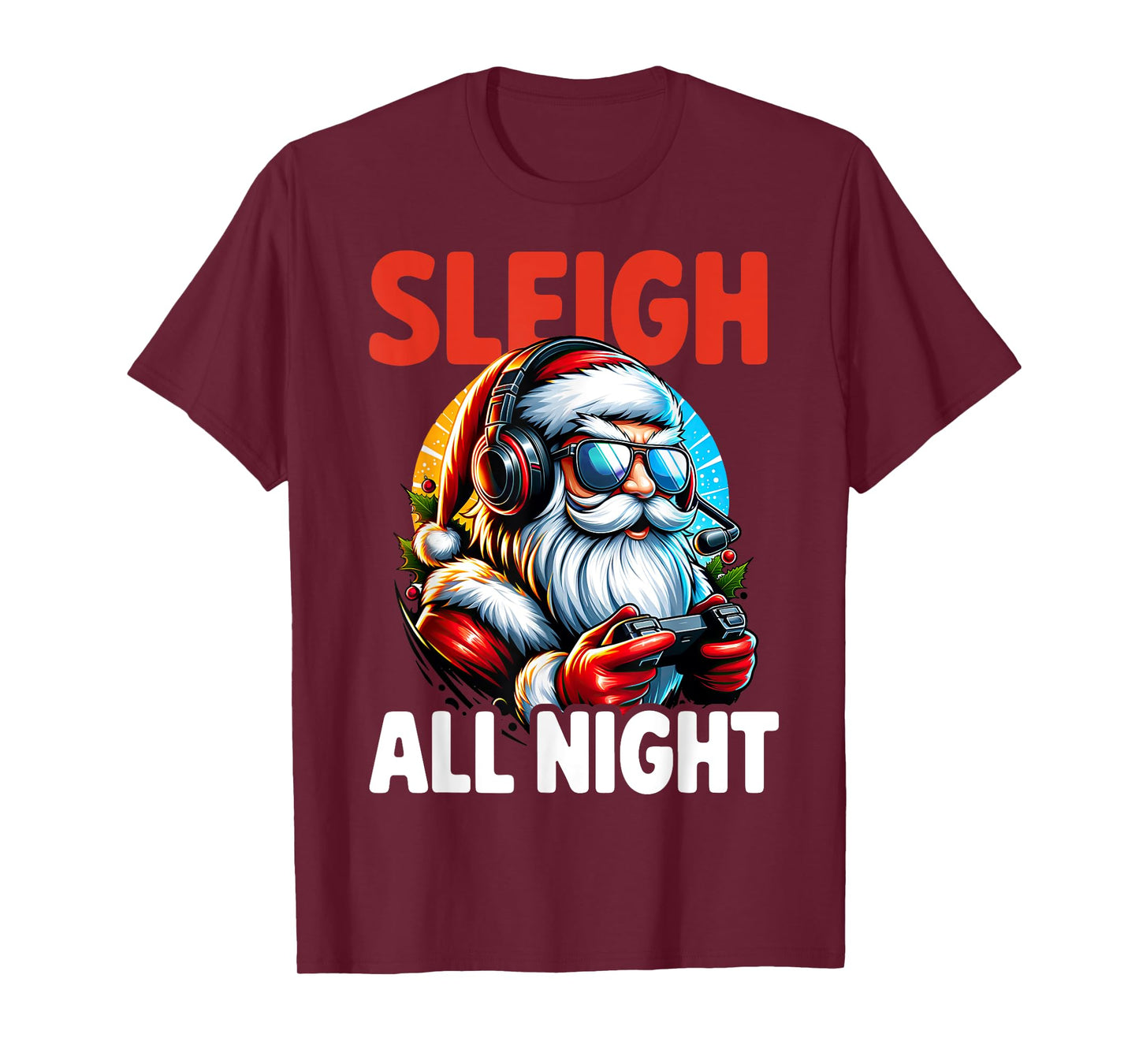 Christmas Gamer Boys Sleigh All Night Video Game Santa Xmas T-Shirt