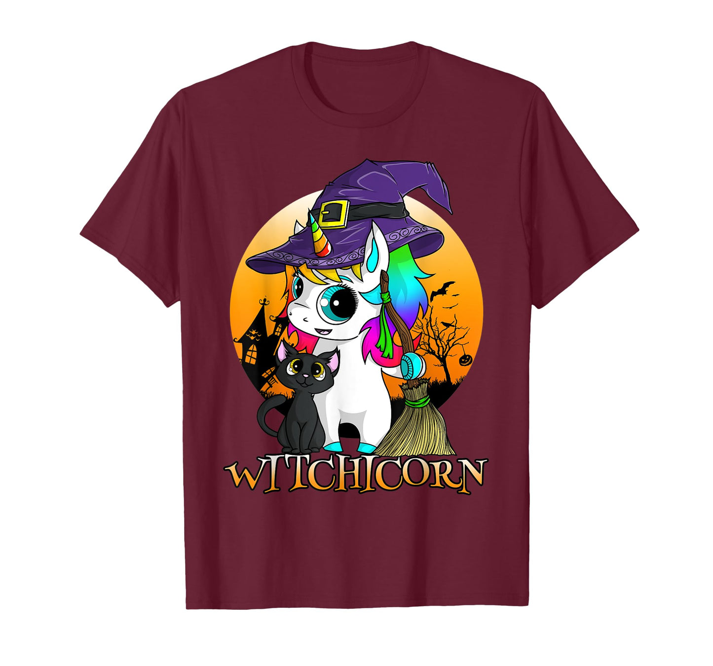 Witchicorn Unicorn Witch Halloween Black Cat Orange Moon T-Shirt