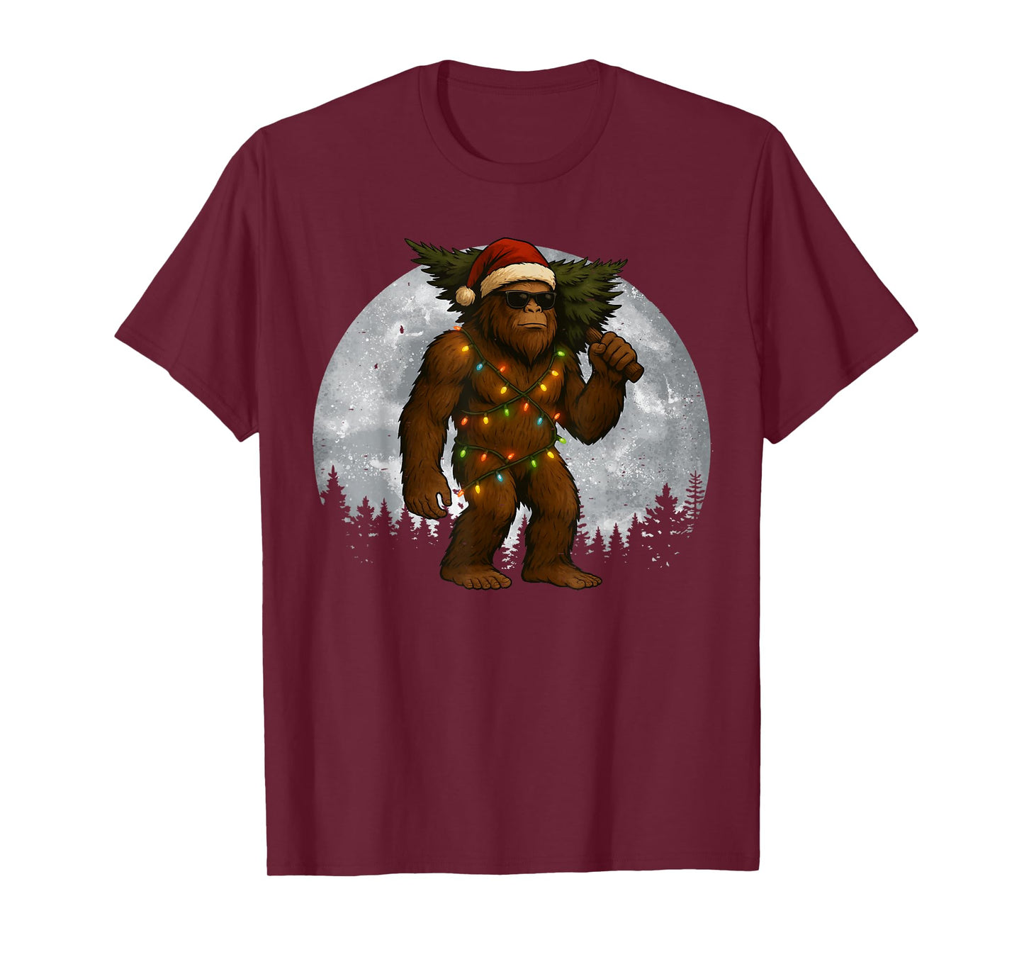 Santa Bigfoot Christmas Lights Funny Sasquatch Believe T-Shirt
