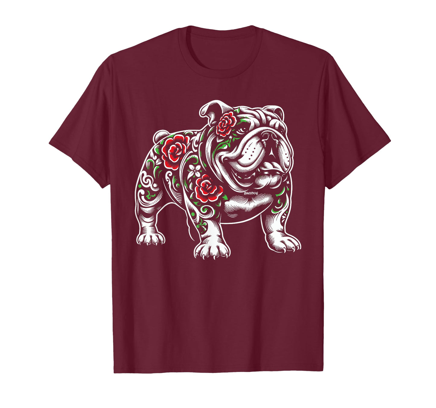 Bulldog Floral Red Rose Mens Womens T-Shirt
