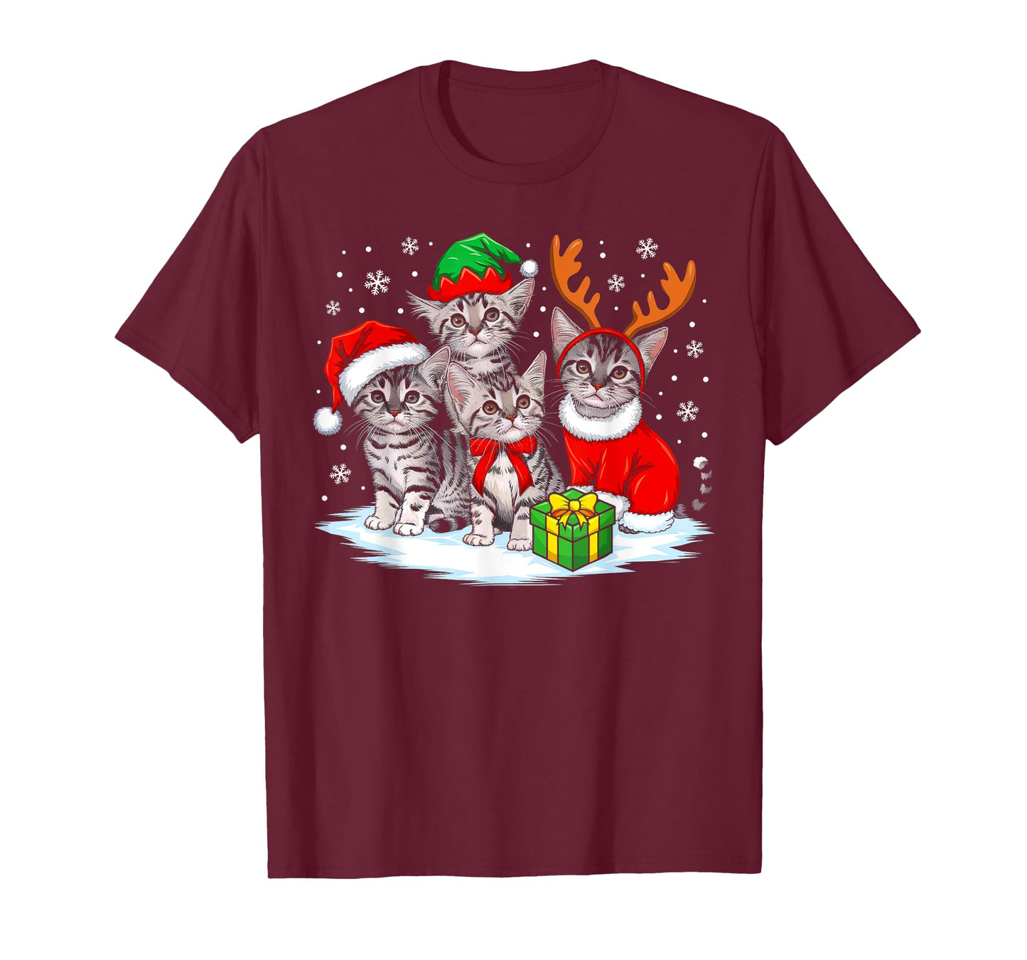 Cat Christmas Lights Reindeer Santa Hat Christmas Cat Lover T-Shirt for Men Women Kids