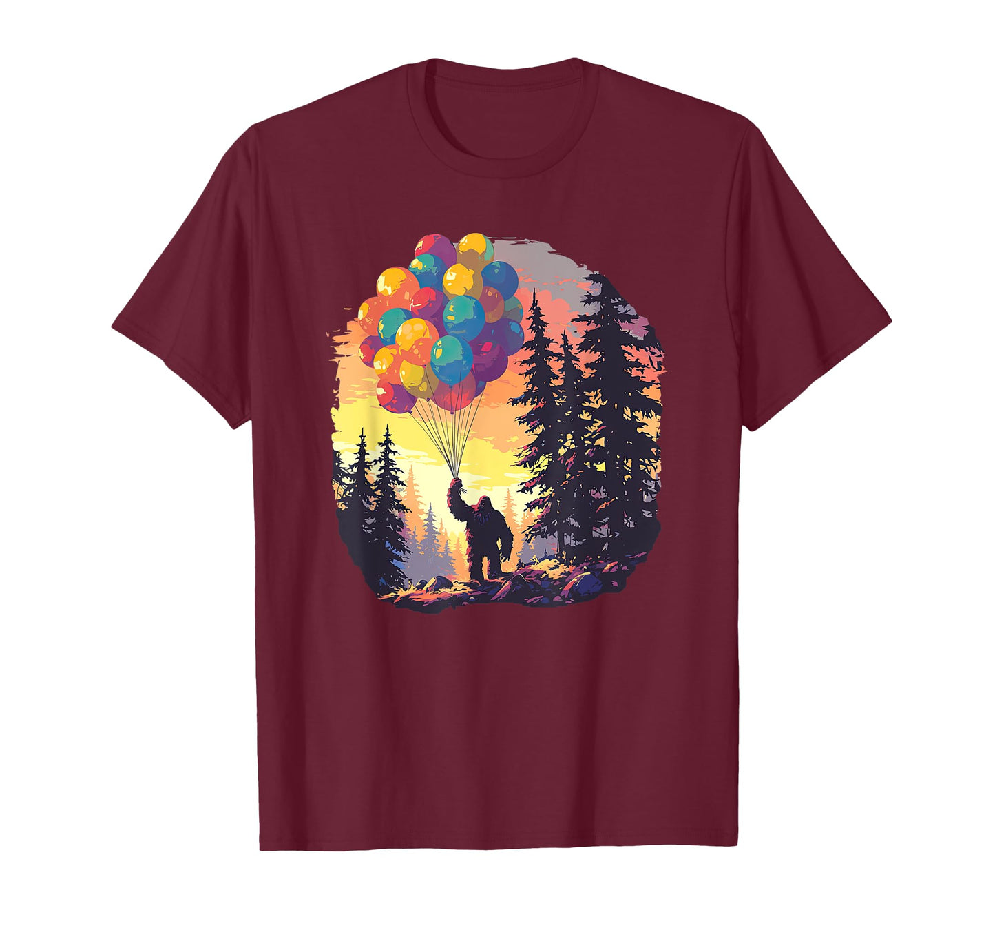 Bigfoot Forest Sunset Birthday Balloons Happy Bday Sasquatch T-Shirt