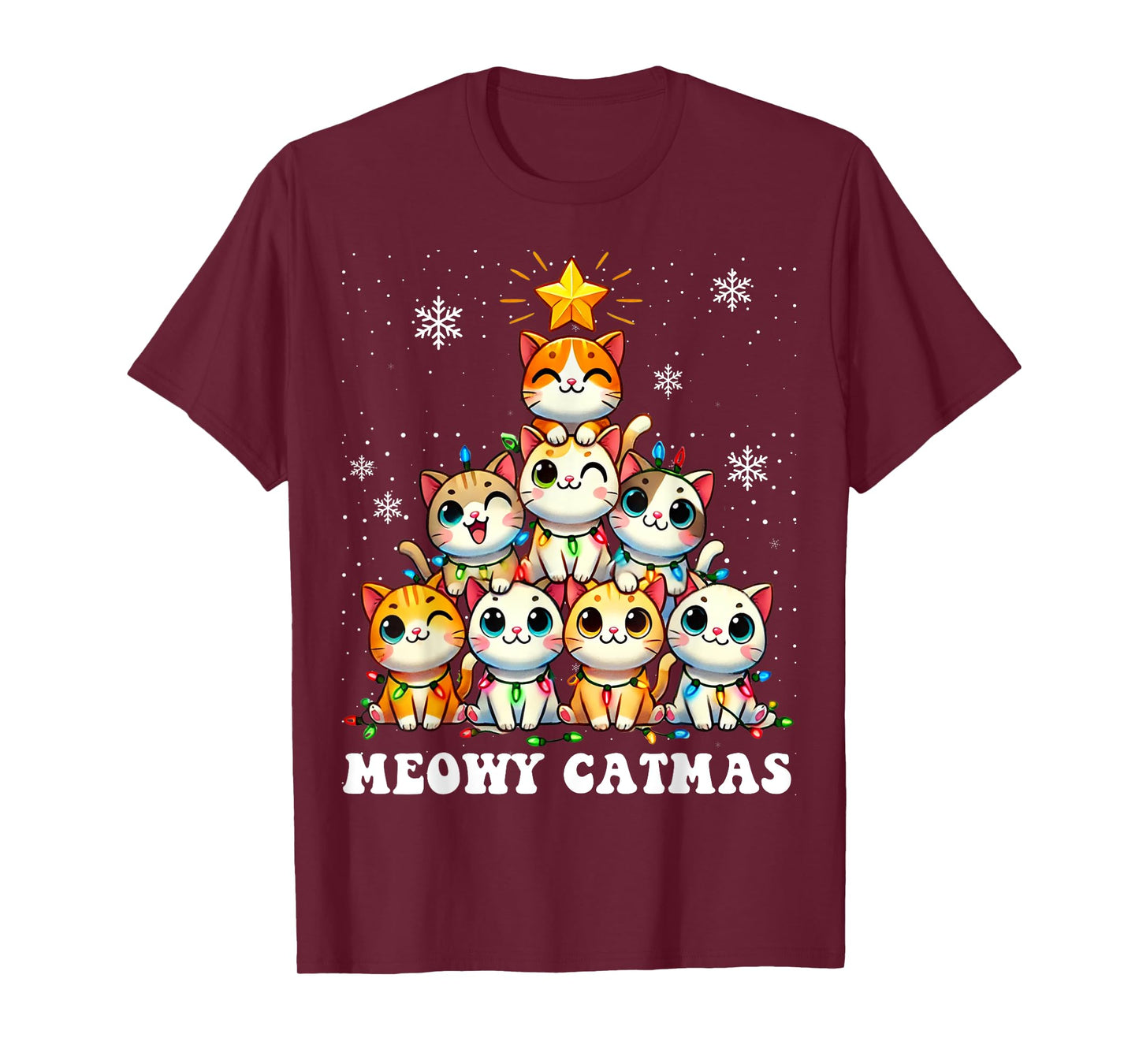 Meowy Catmas Funny Christmas Tree Lights Cute Cat Lover Xmas Men Women Kids T-Shirt