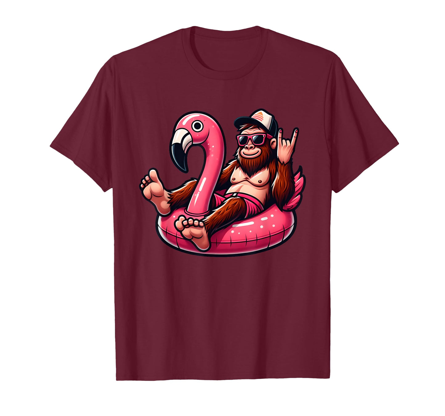 Bigfoot Chilling on Pink Flamingo Pool Float Beach Vacation T-Shirt
