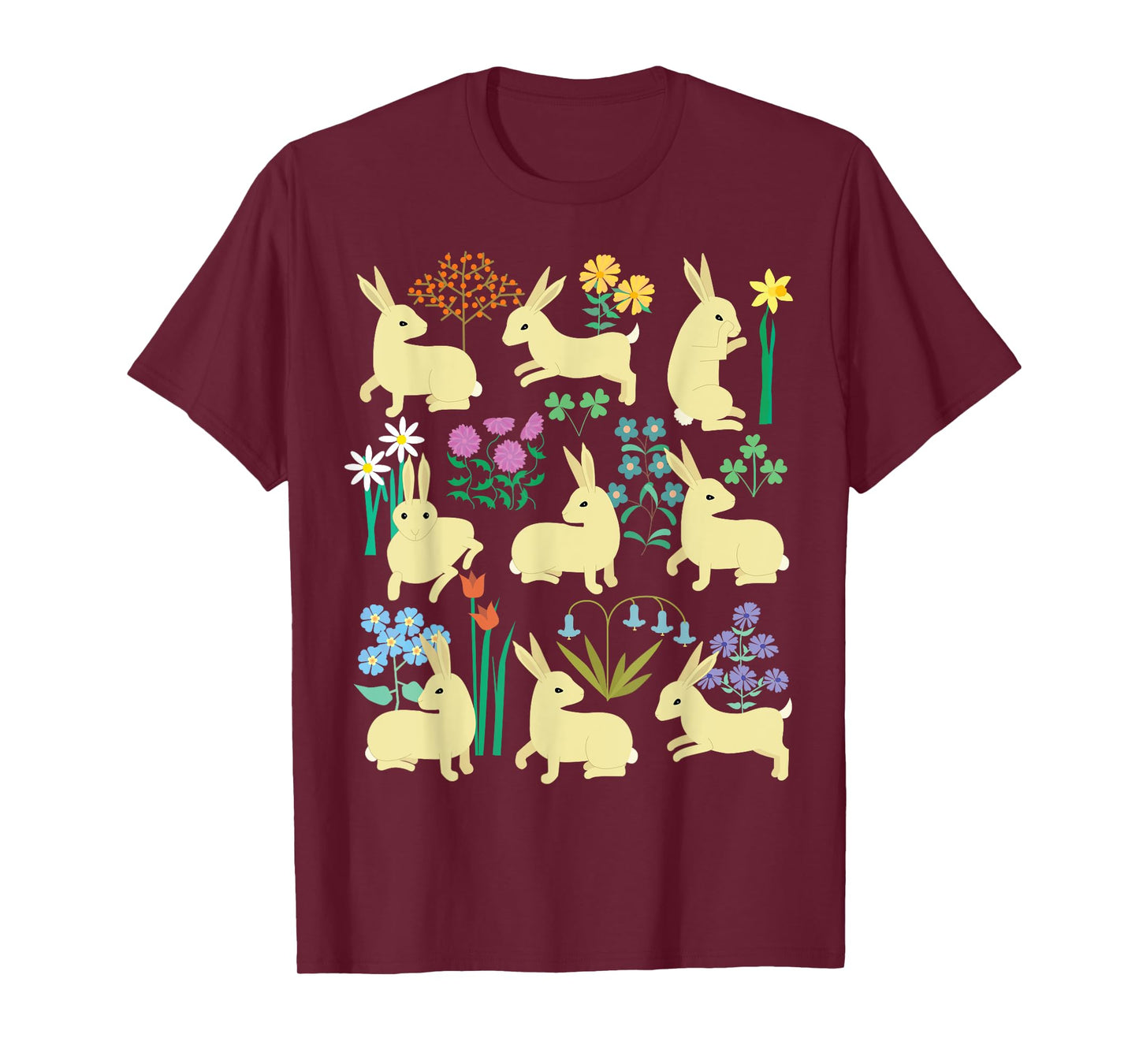 Playful little rabbits (bunnies) among colorful flowers T-Shirt