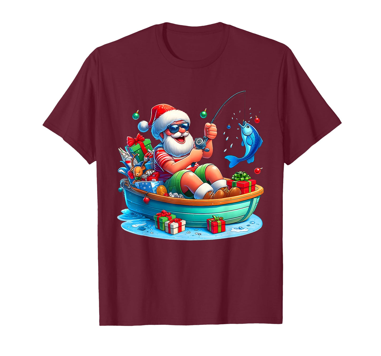 Funny Santa Claus Fishing Christmas In July Beach Boy Kids T-Shirt