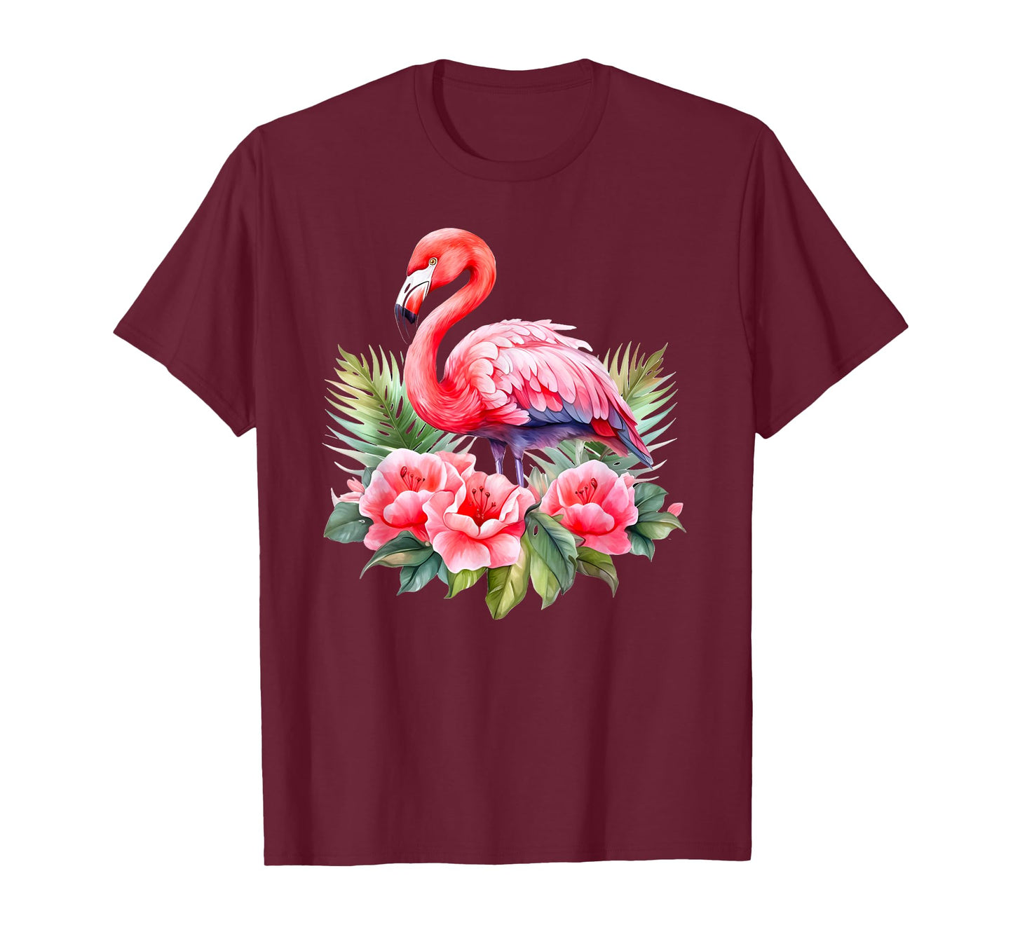 Flamingo Flowers Tropical Watercolor Bird Womens Top T-Shirt