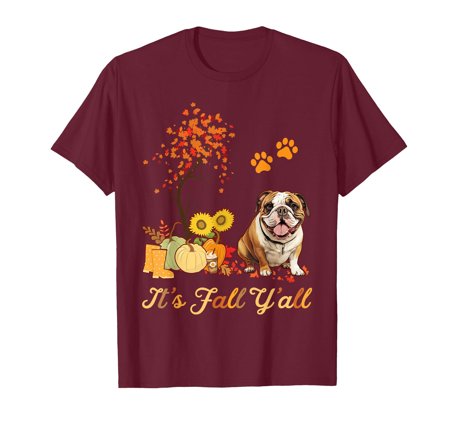 English Bulldog Fall Leaves Autumn Maple Tree Thanksgiving T-Shirt