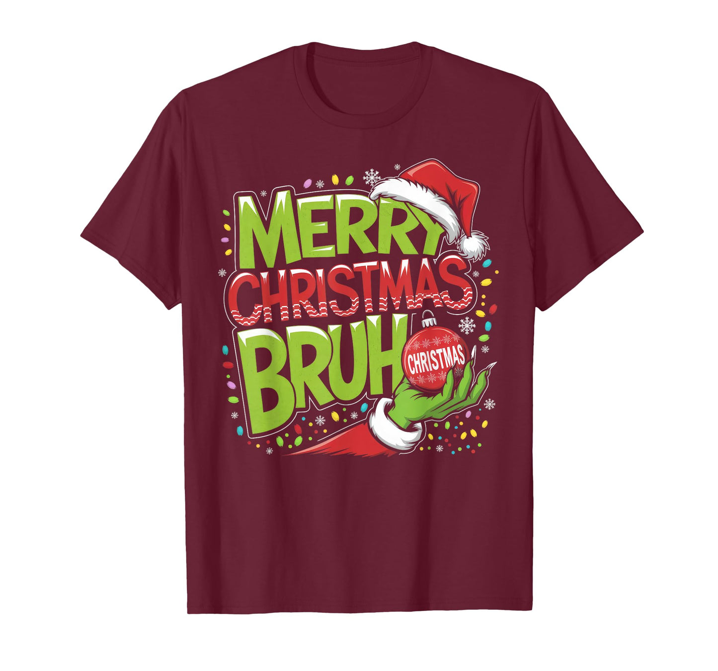 Merry Christmas Bruh Green Hand Santa Hat Xmas Family Pjs T-Shirt