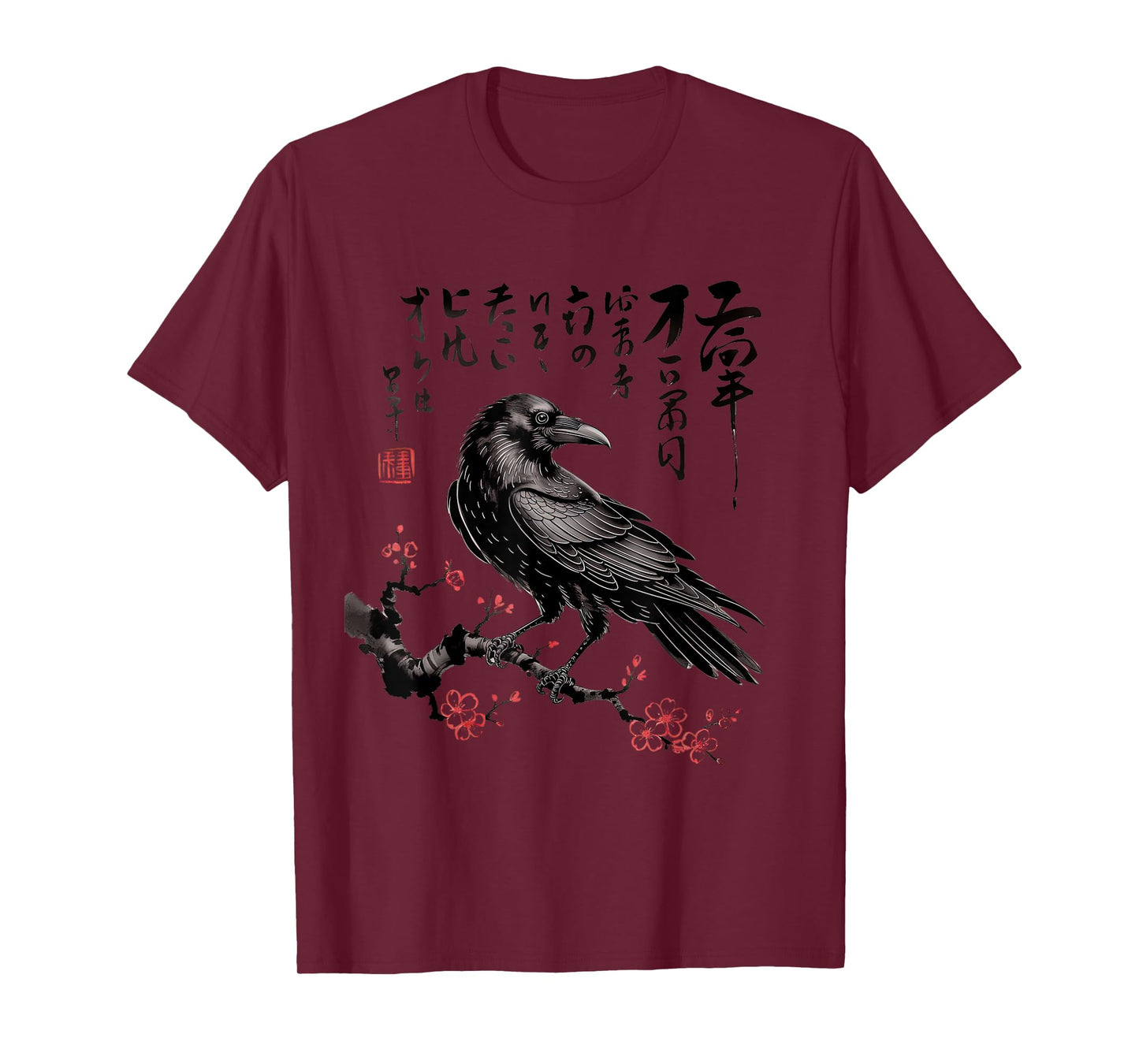 Japanese Sumi-e Black Raven Flying Crow with Cherry Blossom T-Shirt