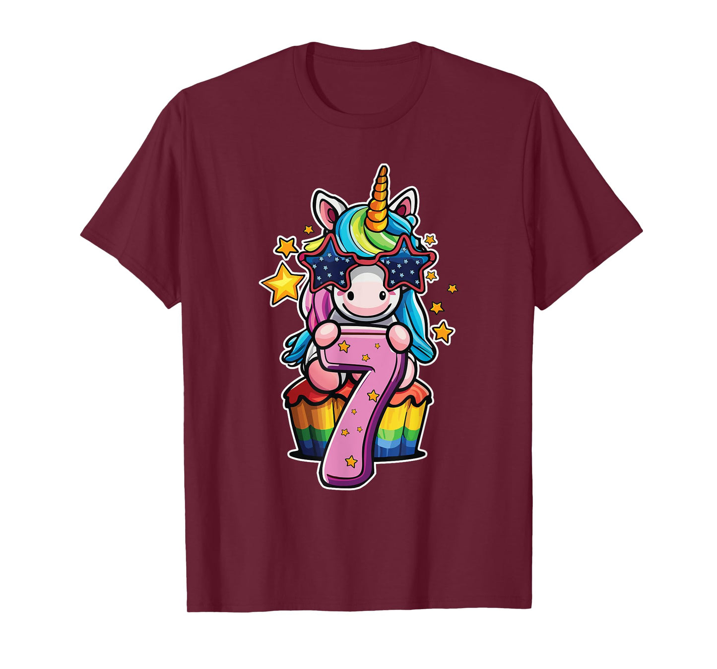Unicorn Happy 7th Birthday Age 7 Rainbow Cupcake Cute Party T-Shirt