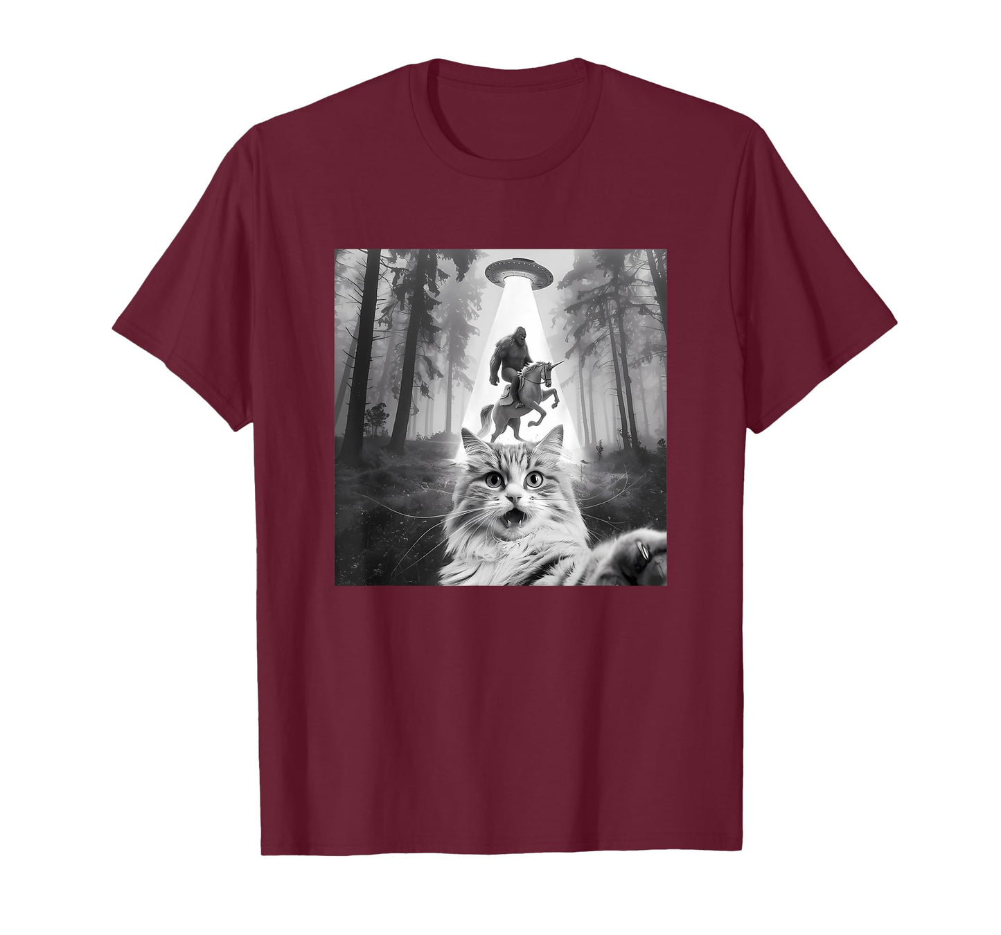 Funny UFO Cat Selfie with Bigfoot Forest Unicorn Sasquatch T-Shirt