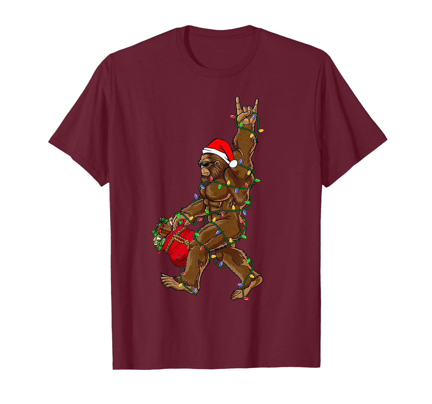 Santa Bigfoot Christmas Lights Rock Funny Sasquatch Believe T-Shirt