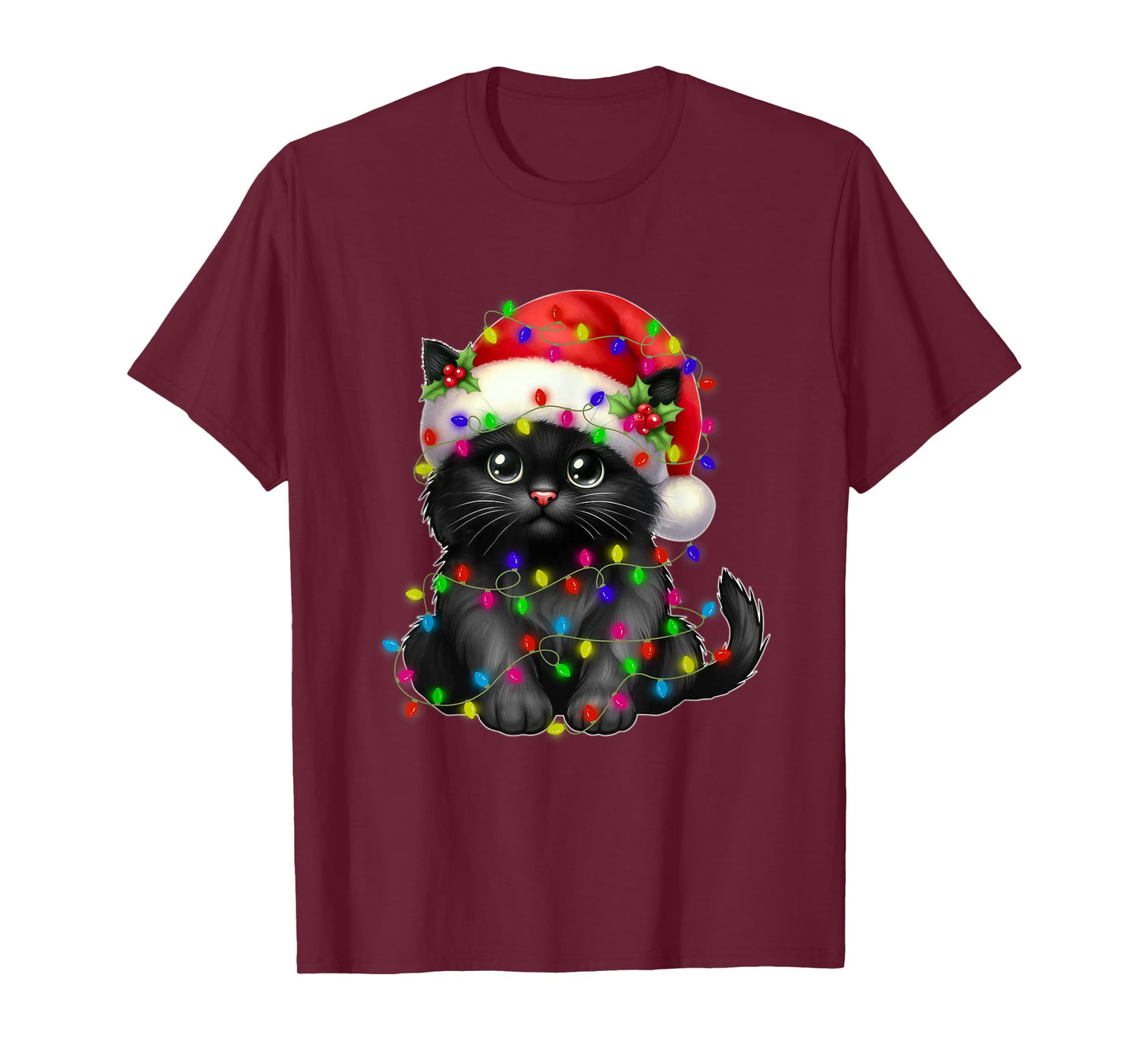 Black Cat Christmas Light Santa Hat Xmas Christmas Cat Lover Men Women Kids T-Shirt