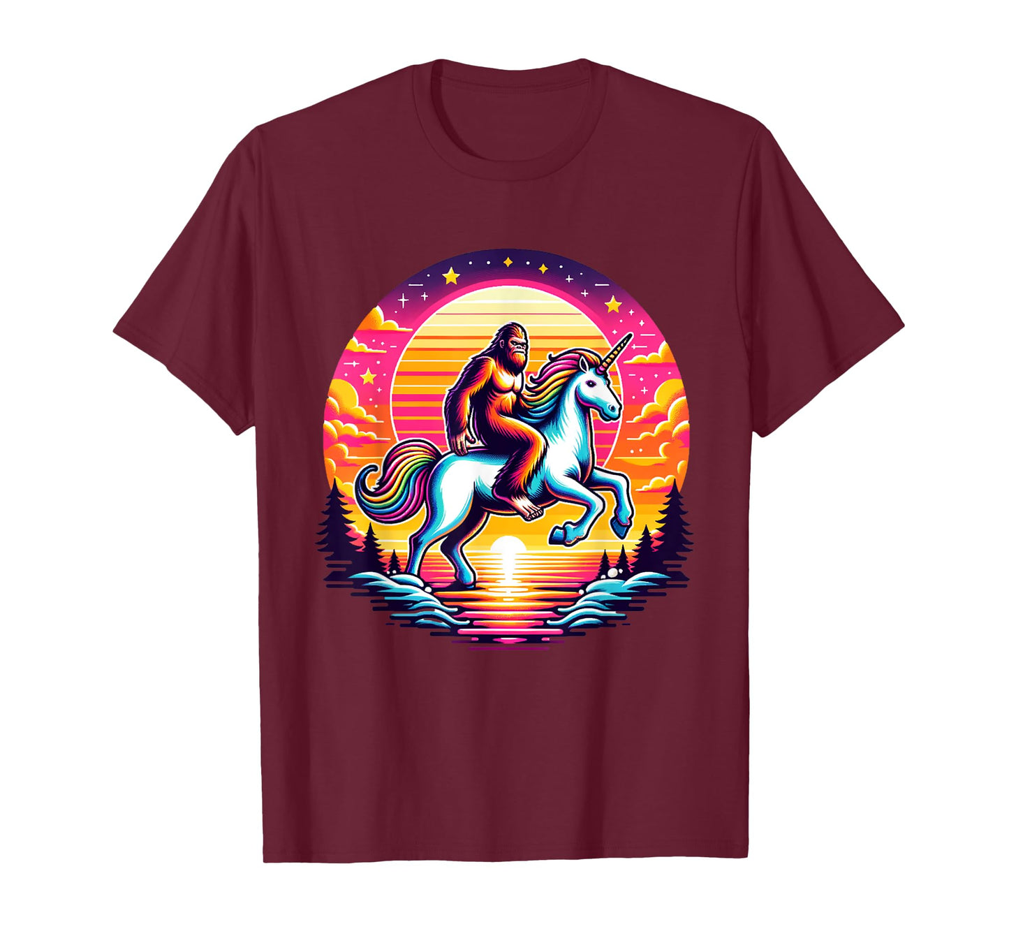 Bigfoot Riding Unicorn! Funny Sasquatch Unicorn Retro Sunset T-Shirt